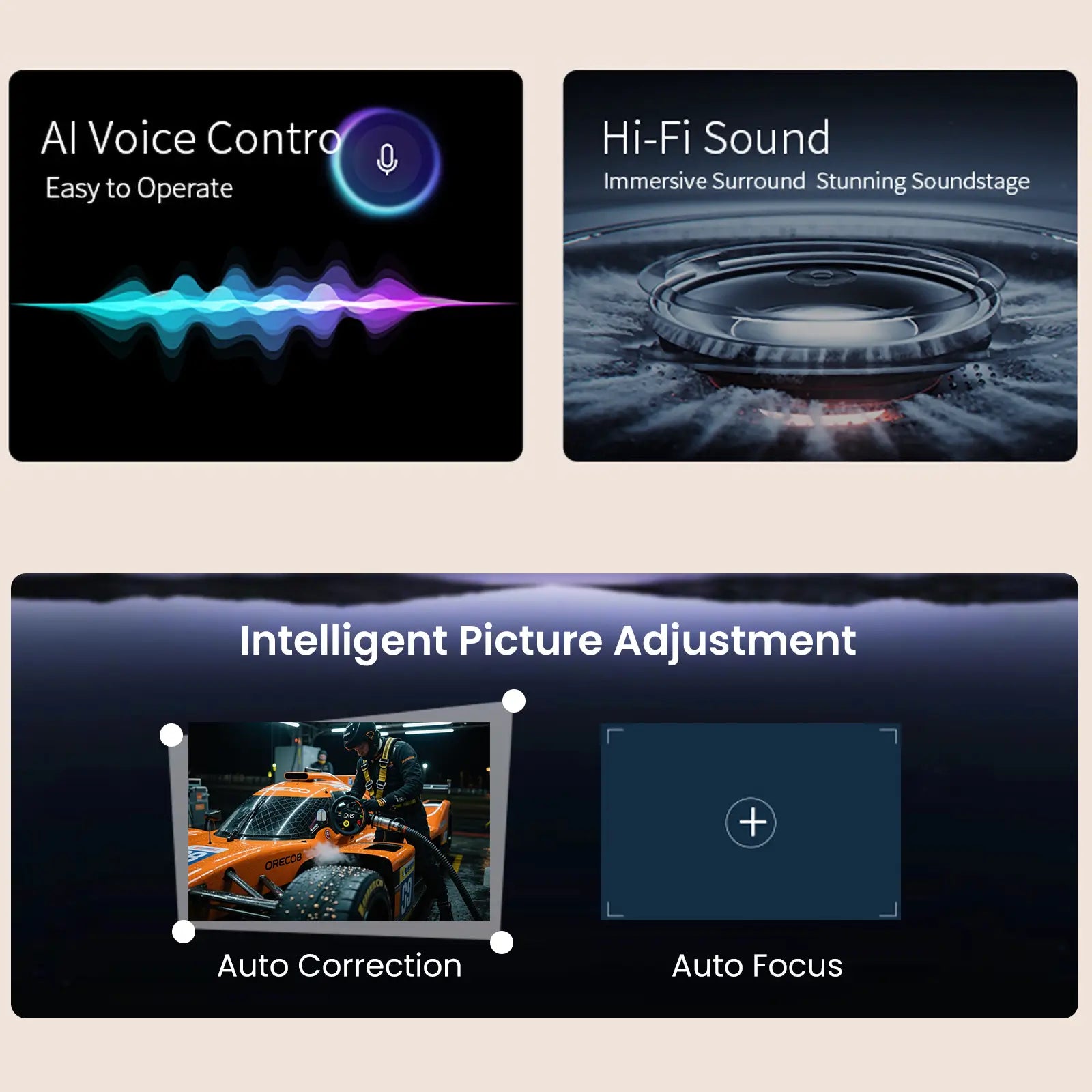 Geitepor YT1 smart projector with AI voice control, Hi-Fi surround sound, auto correction, and intelligent auto focus for home theater