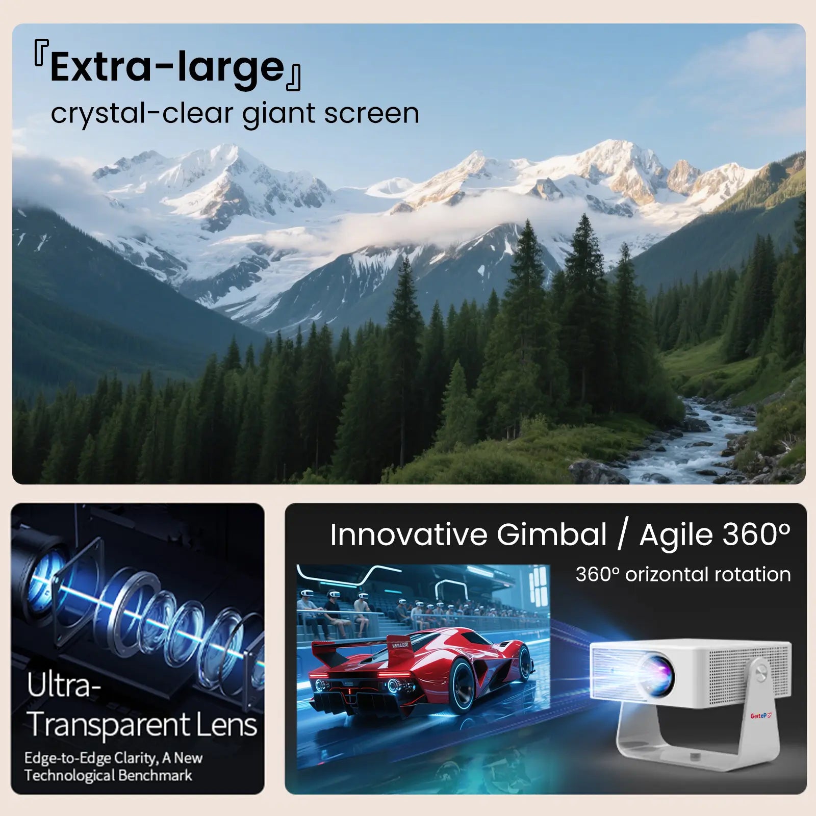 Geitepor YT1 projector with extra-large crystal-clear screen, ultra-transparent lens, and 360 degree rotation for home theater and gaming