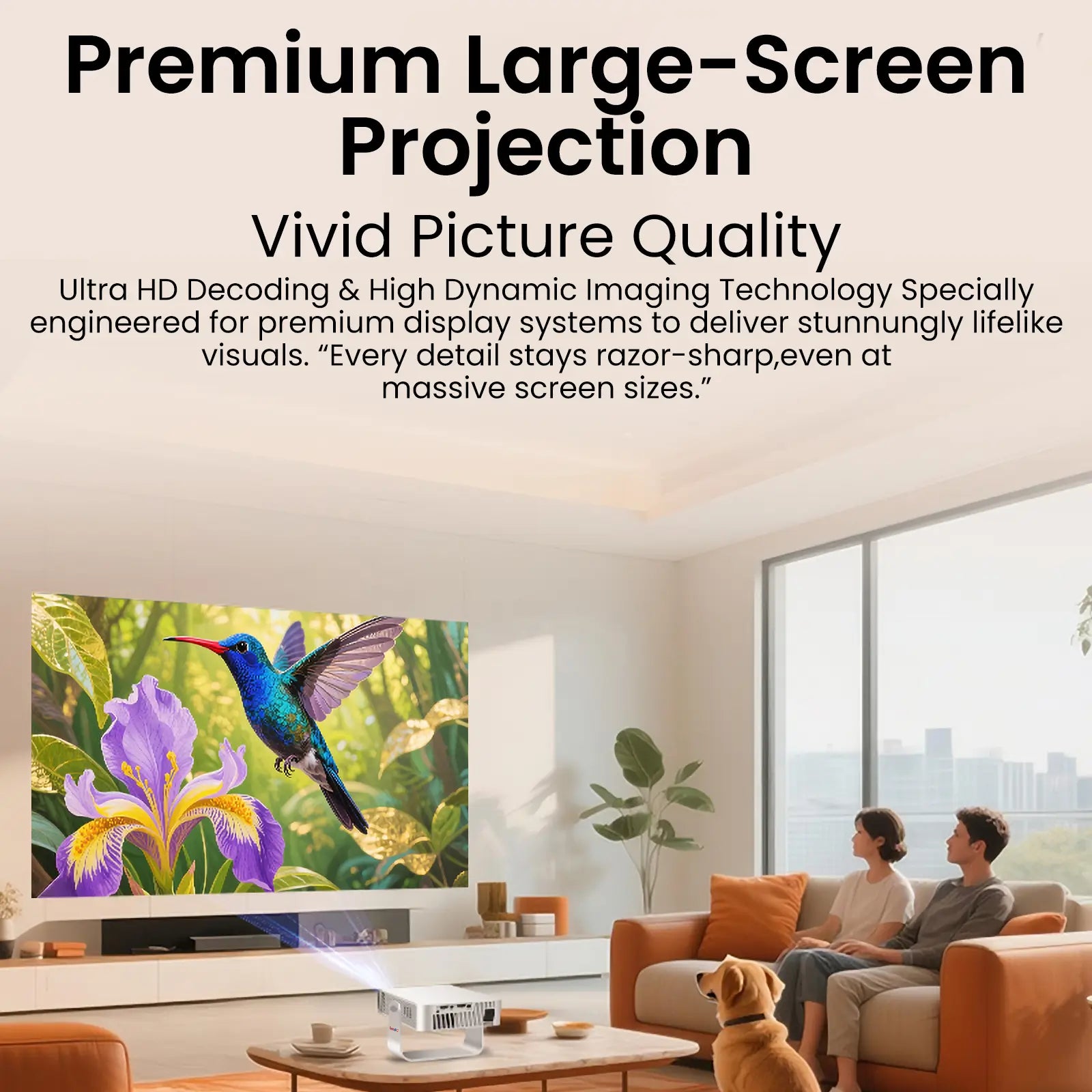 Geitepor YT1 projector delivering premium large-screen projection with vivid Ultra HD picture quality, perfect for home theater and movies