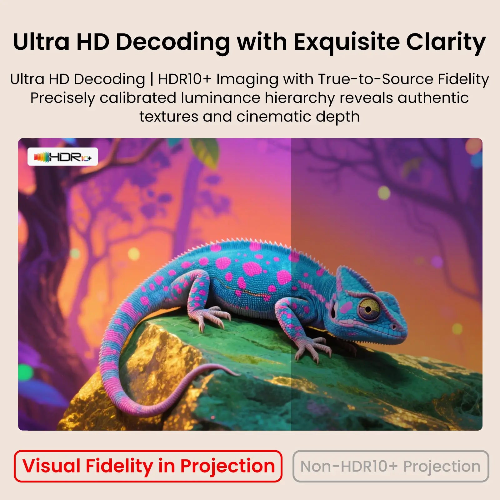 Geitepor YT1 projector with Ultra HD decoding and HDR10+ technology, delivering vivid colors, sharp contrast, and cinematic visual clarity