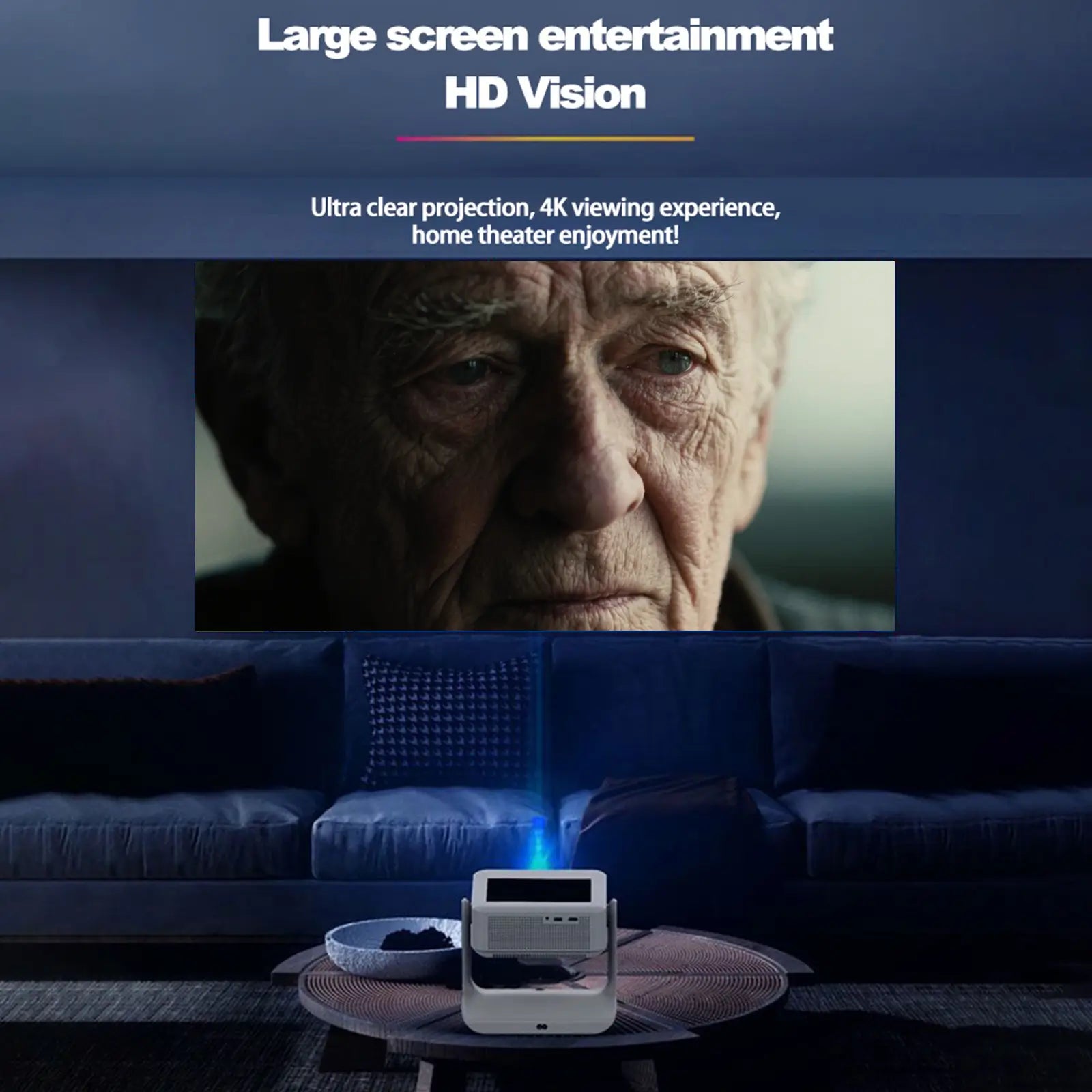 An A2 Pro projector on a coffee table in a dark room, projecting a large, ultra-clear 4K image of a movie scene onto a wall. The photo demonstrates its use for a full-scale home theater experience.