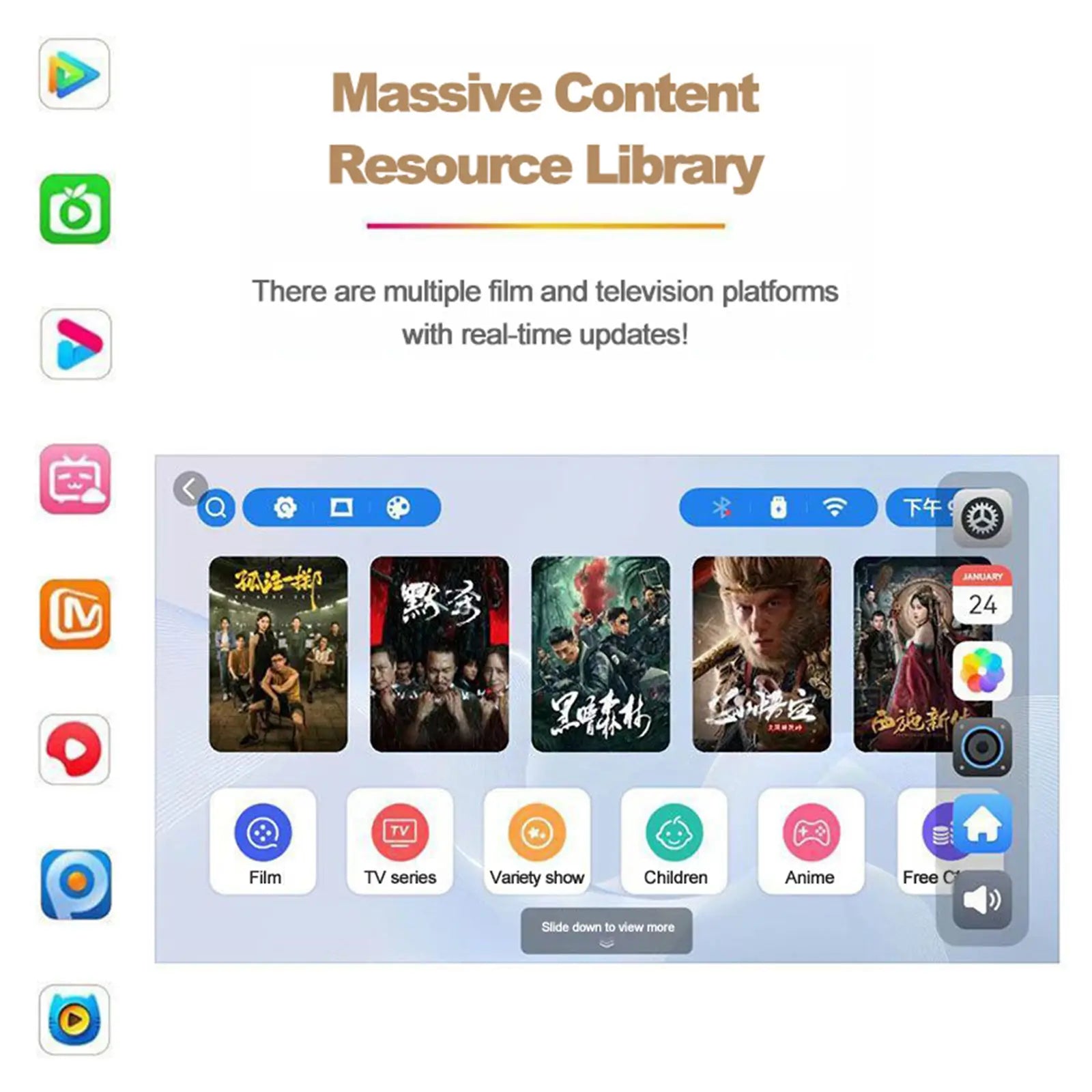 A close-up view of the A2 Pro's user interface, showing a "Massive Content Resource Library" with various film, TV series, and children's app icons. This highlights the rich content available on the Android 12 system.