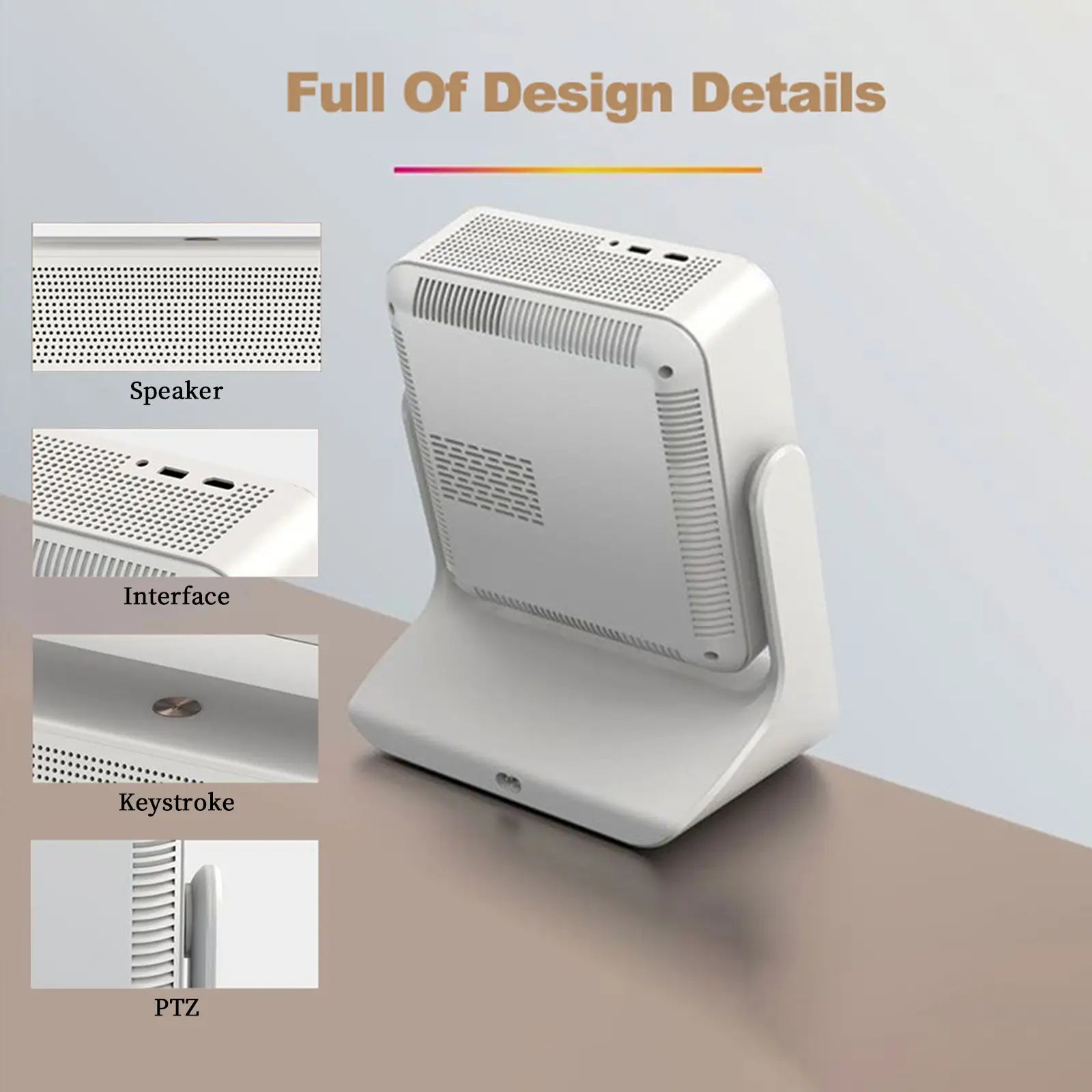 A composite image showing close-up design details of the A2 Pro projector from the back and side. The photos highlight its speaker vents, interface ports, keystone adjustment, and PTZ (Pan-Tilt-Zoom) features.