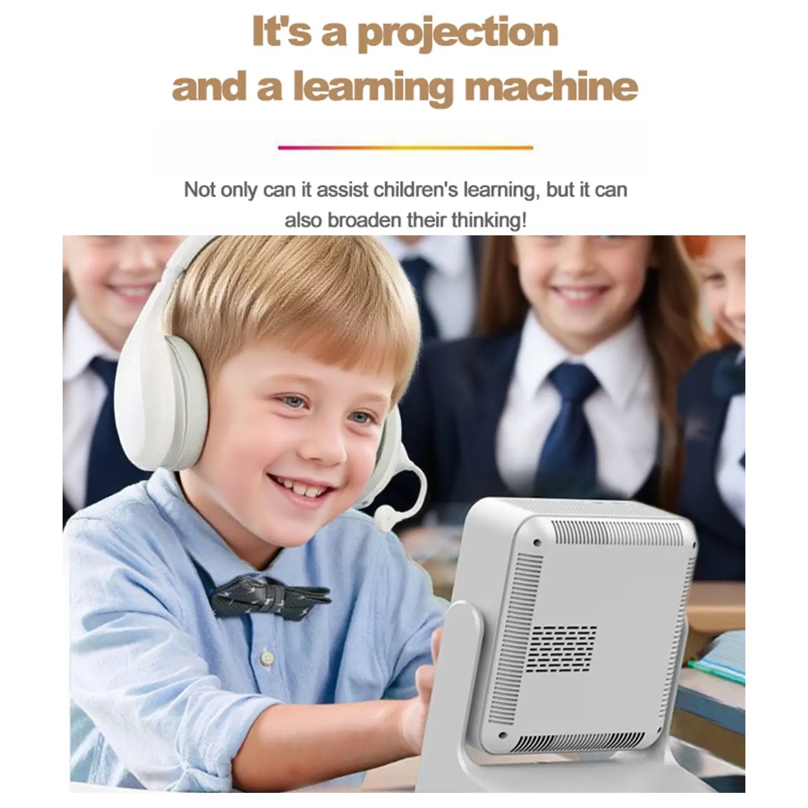 A child with headphones on, smiling while using the A2 Pro smart projector in tablet mode for learning. The image highlights its use as a "learning machine" for children and educational purposes.