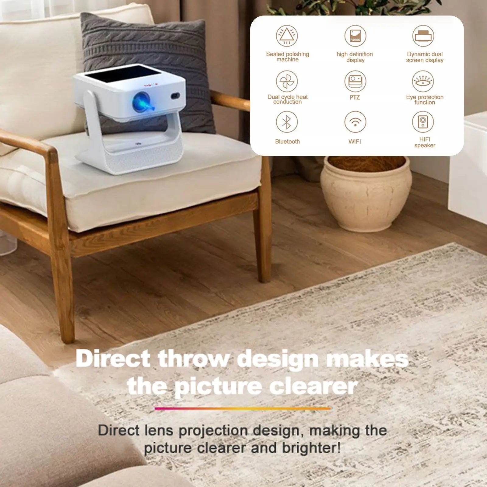 The A2 Pro projector in use in a living room, projecting a clear, bright image onto a wall. The photo emphasizes its direct throw lens design for a sharper picture and showcases its portability and connectivity features like Bluetooth and Wi-Fi.