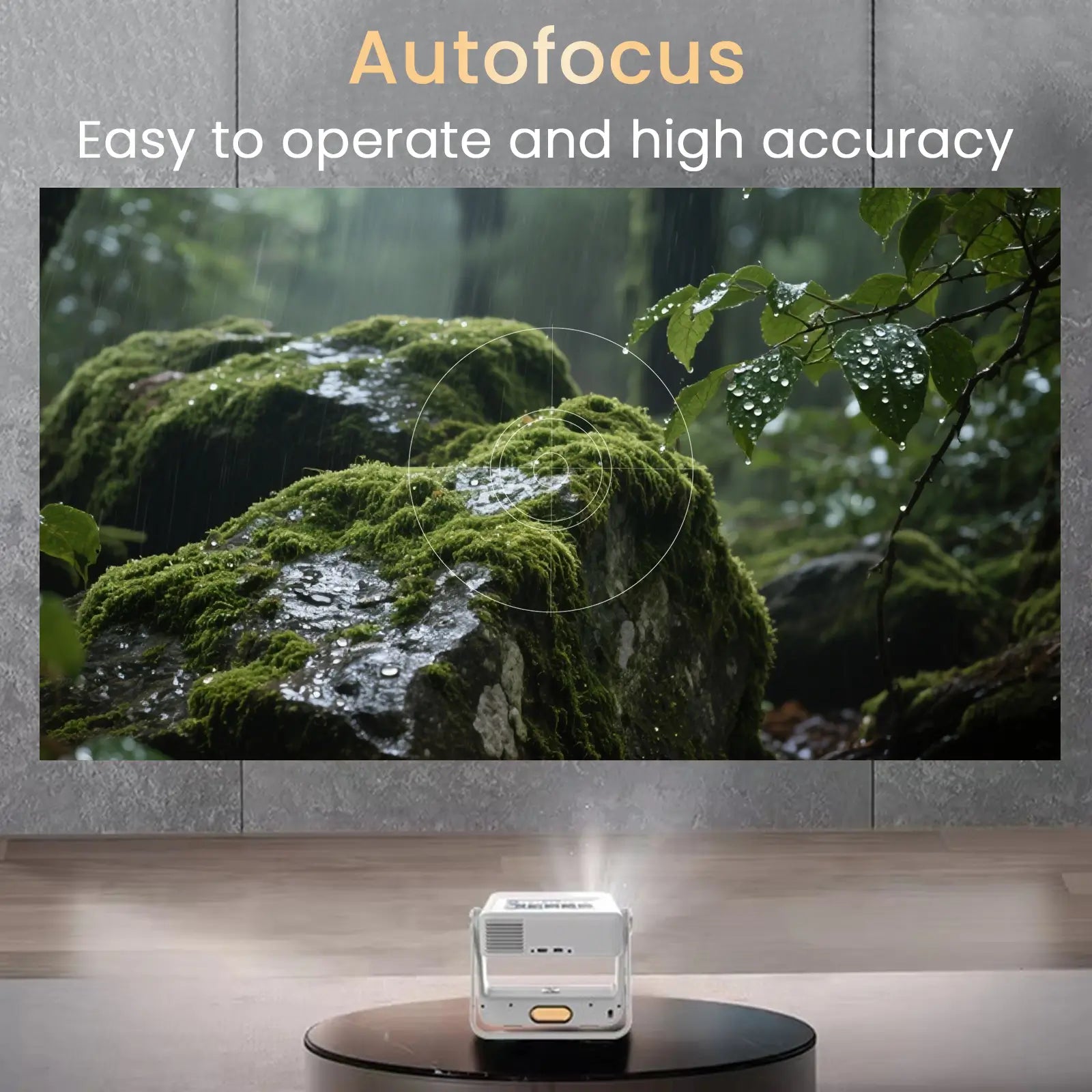 A close-up shot demonstrating the A5 Pro's automatic focus feature, showing a clear projection of a detailed scene on a wall, highlighting its precision and ease of use.