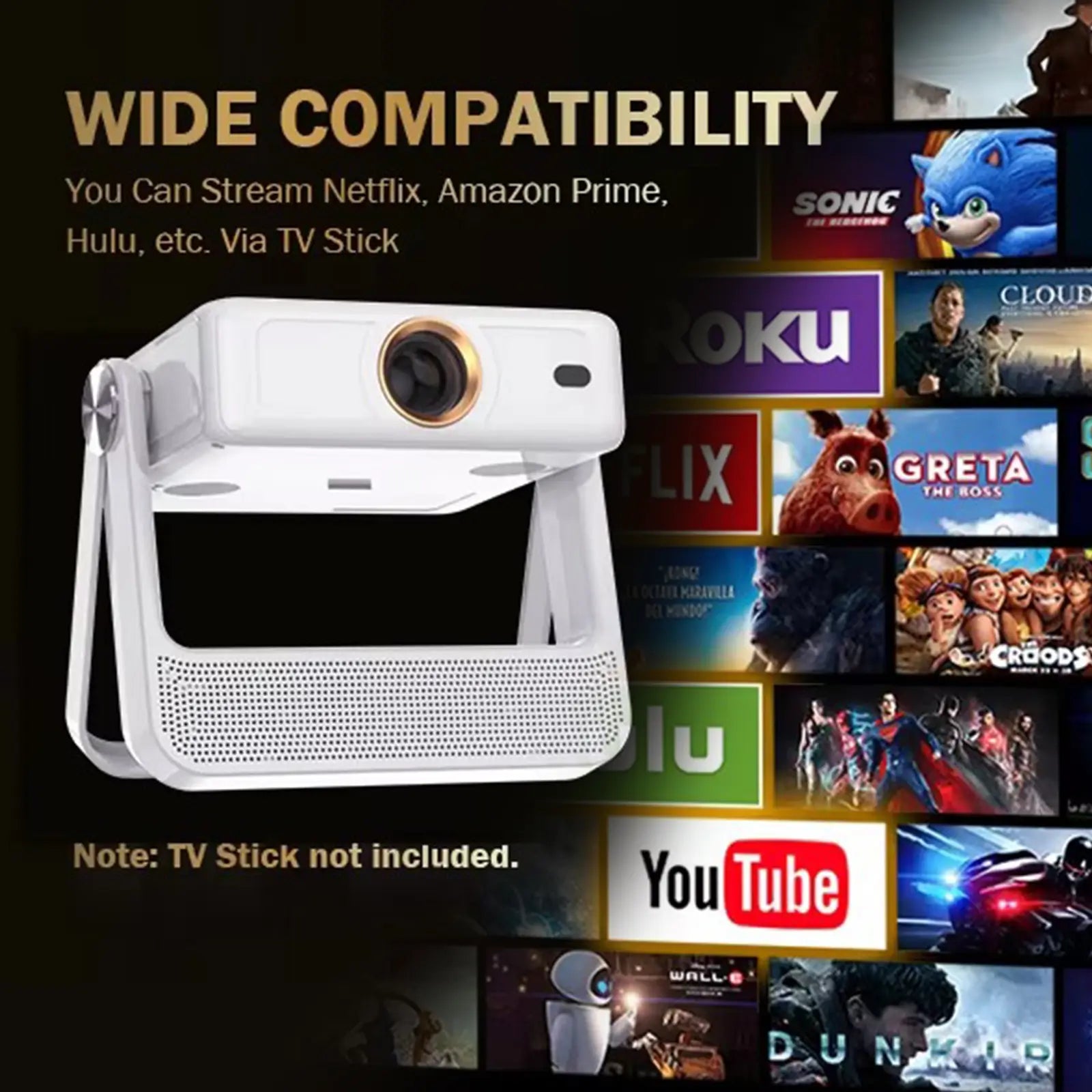 The A5 Pro projector shown against a backdrop of popular streaming service logos like Netflix and Hulu, emphasizing its wide compatibility with TV sticks for streaming movies and shows.