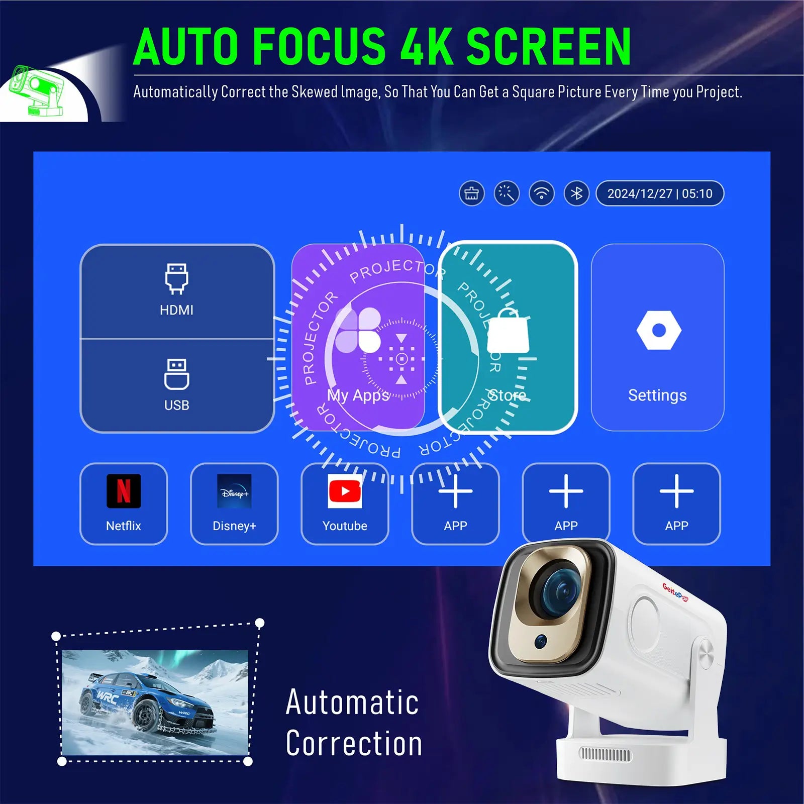 Geitepor K1 projector features auto focus and keystone correction for a perfectly aligned 4K display with smart interface and popular apps