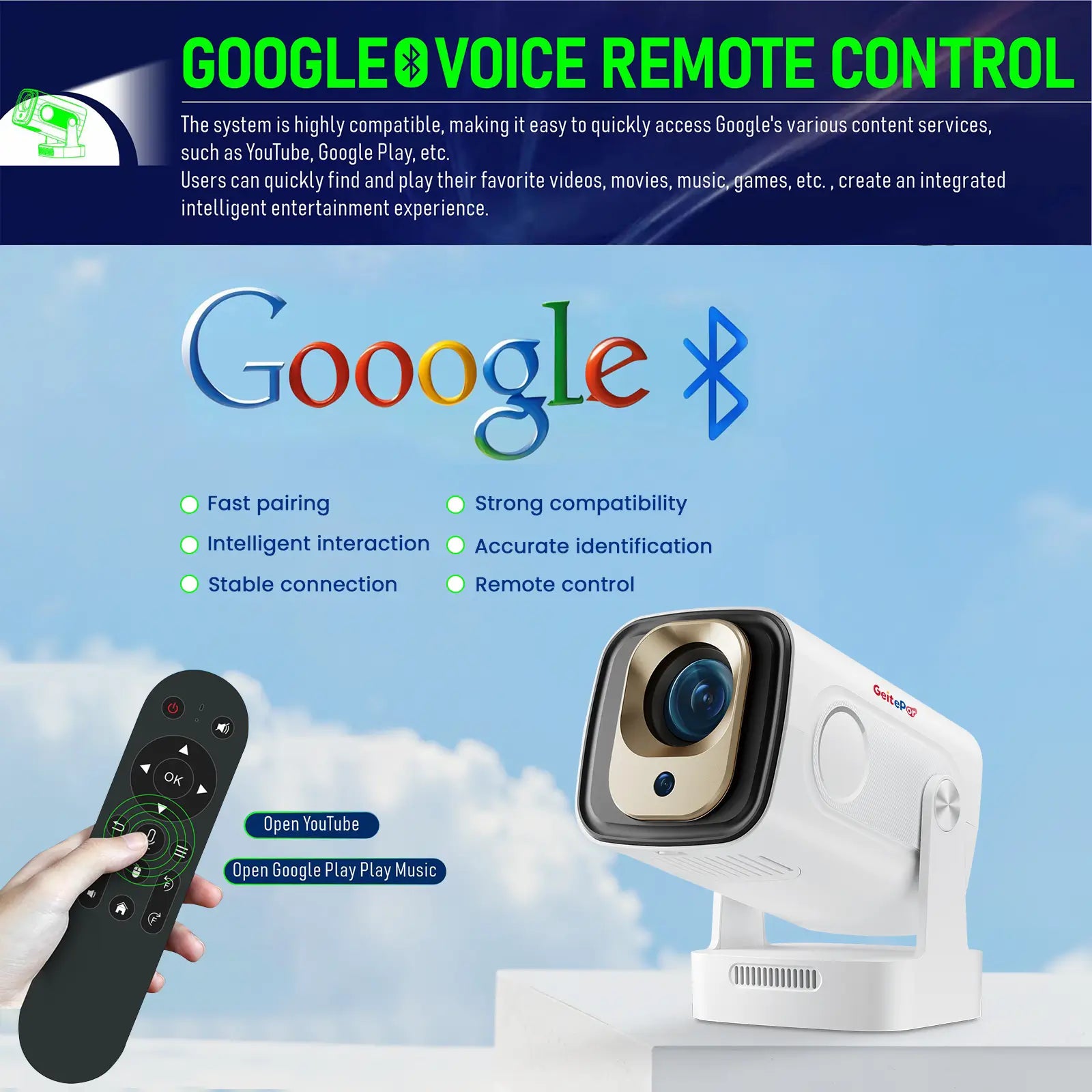 Geitepor K1 projector with Google voice remote control and Bluetooth fast pairing for smart content access like YouTube and Google Play