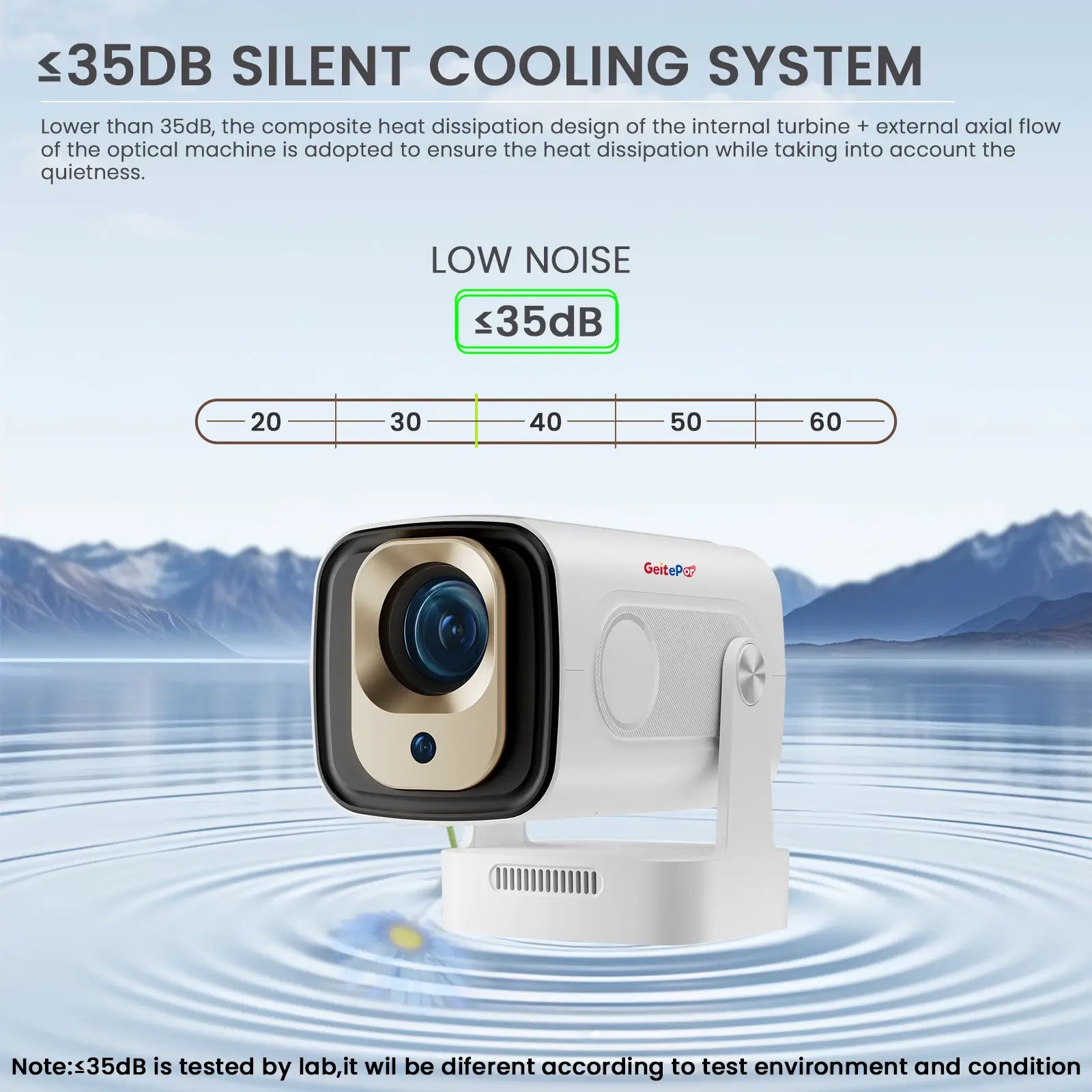 Geitepor K1 projector features a silent cooling system with ≤35dB noise level for quiet home entertainment