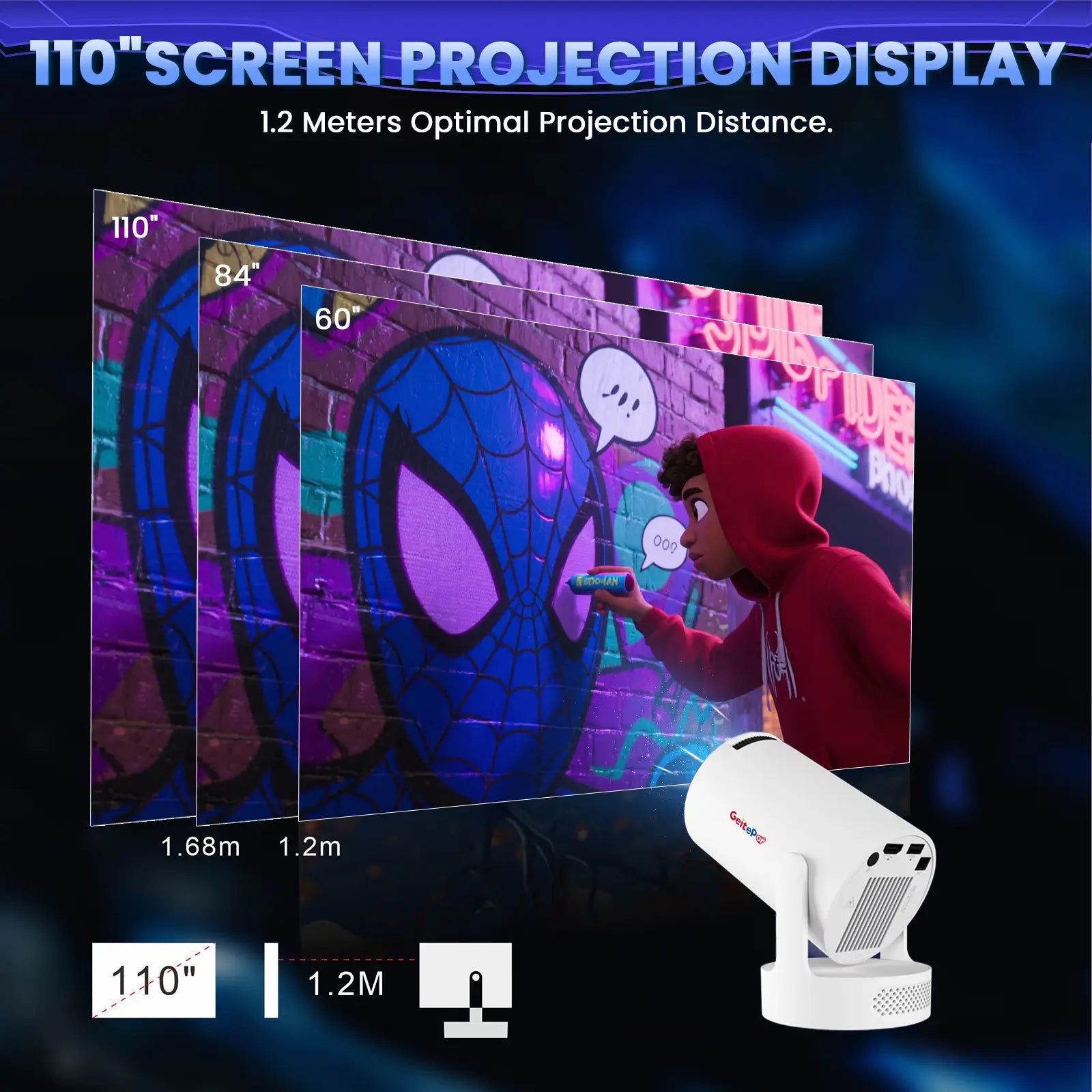 Geitepor K3 projector 110 inch screen display with 1.2 meter optimal projection distance, also shows 60 and 84 inch sizes