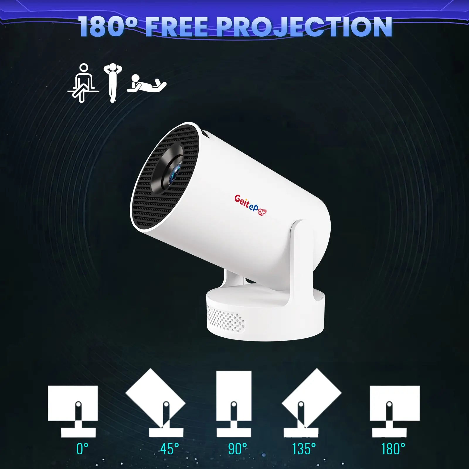 Geitepor K3 projector supporting 180-degree free angle rotation for flexible viewing positions including ceiling, wall, and floor