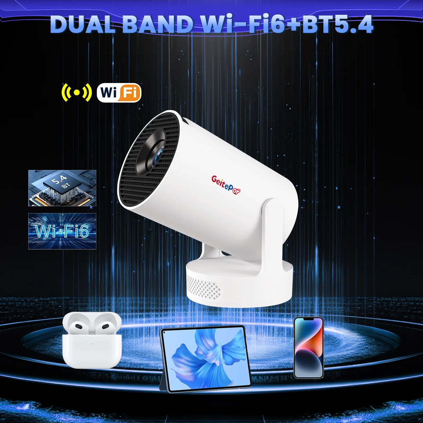 Geitepor K3 smart projector with dual-band Wi-Fi 6 and Bluetooth 5.4 connectivity for seamless streaming and device pairing