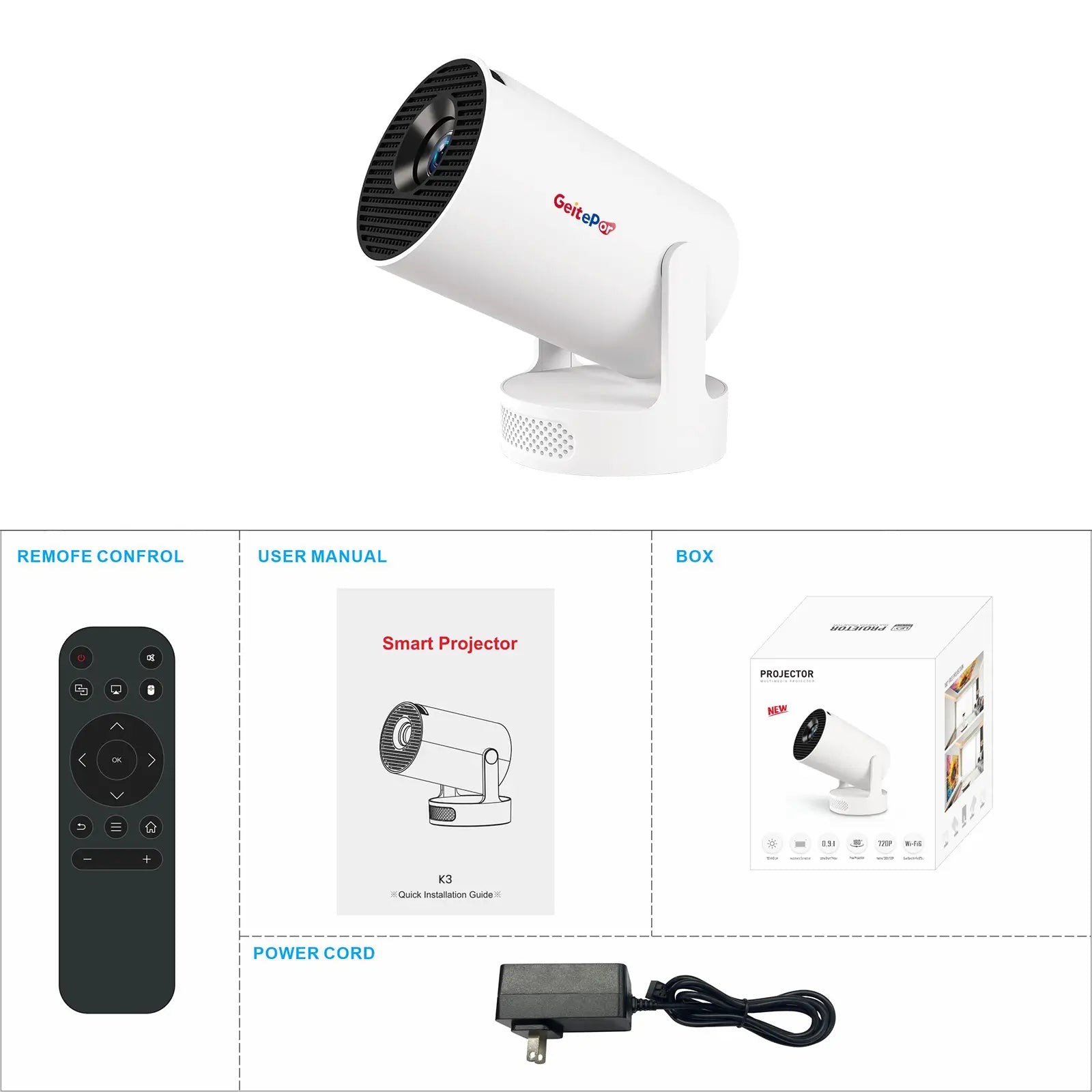 Geitepor K3 projector package contents including remote control, user manual, power cord, and retail box