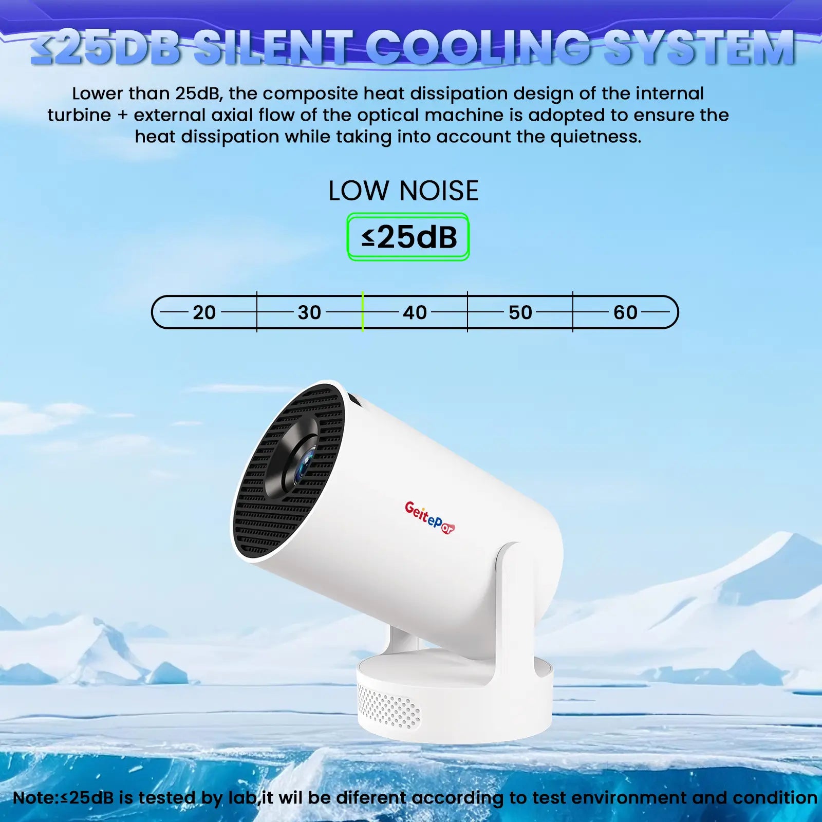 Geitepor K3 projector with ≤25dB ultra-silent cooling system and efficient heat dissipation design