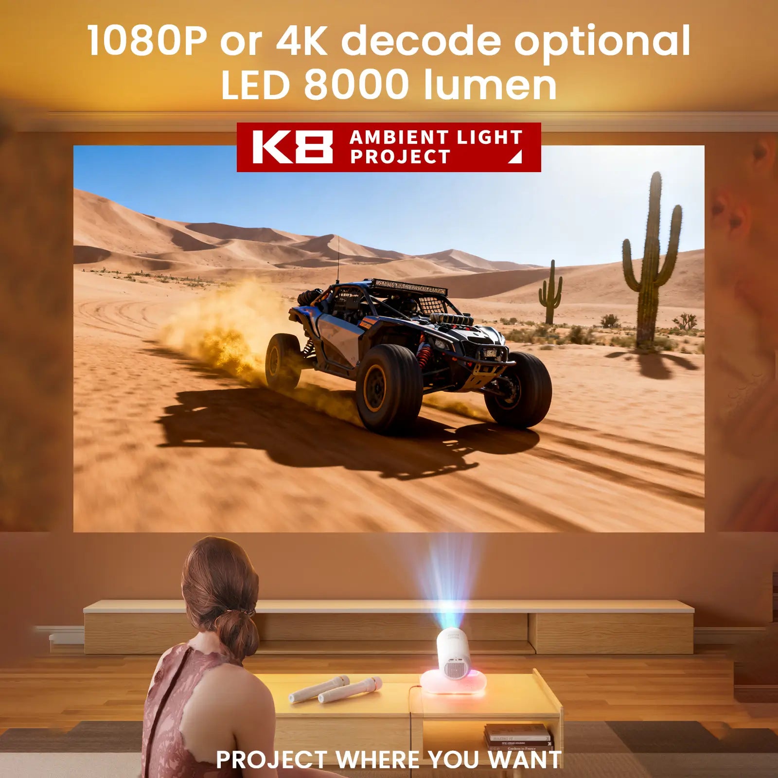 A demonstration of the Geitepor K8 projector's high brightness, displaying a vibrant and clear 1080P desert racing scene, highlighting its 4K decoding and 8000 LED lumen power.