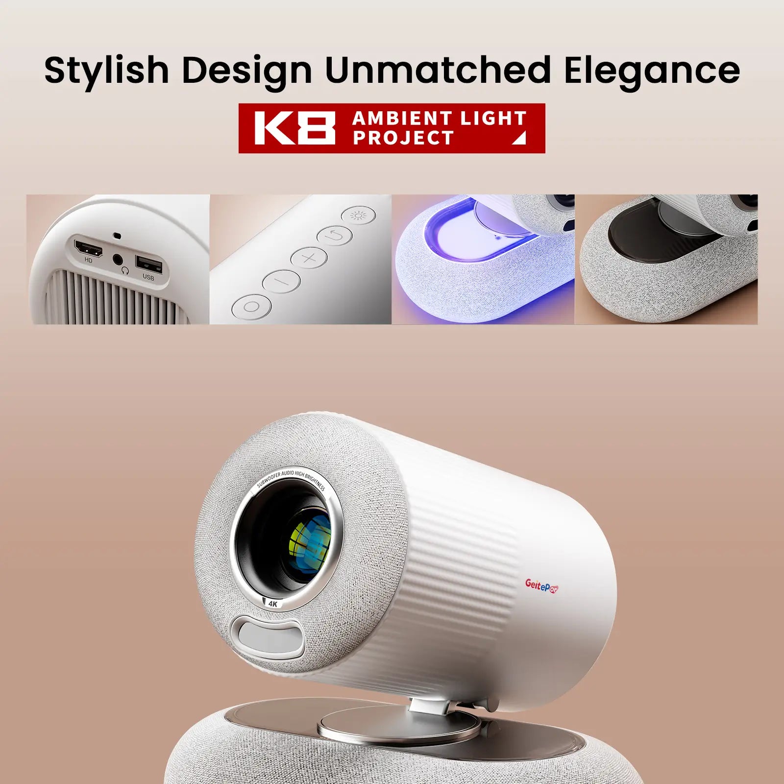 A detailed view of the Geitepor K8 projector highlighting its stylish design, showing close-ups of the input ports, tactile control buttons, ambient light base, and elegant fabric finish.