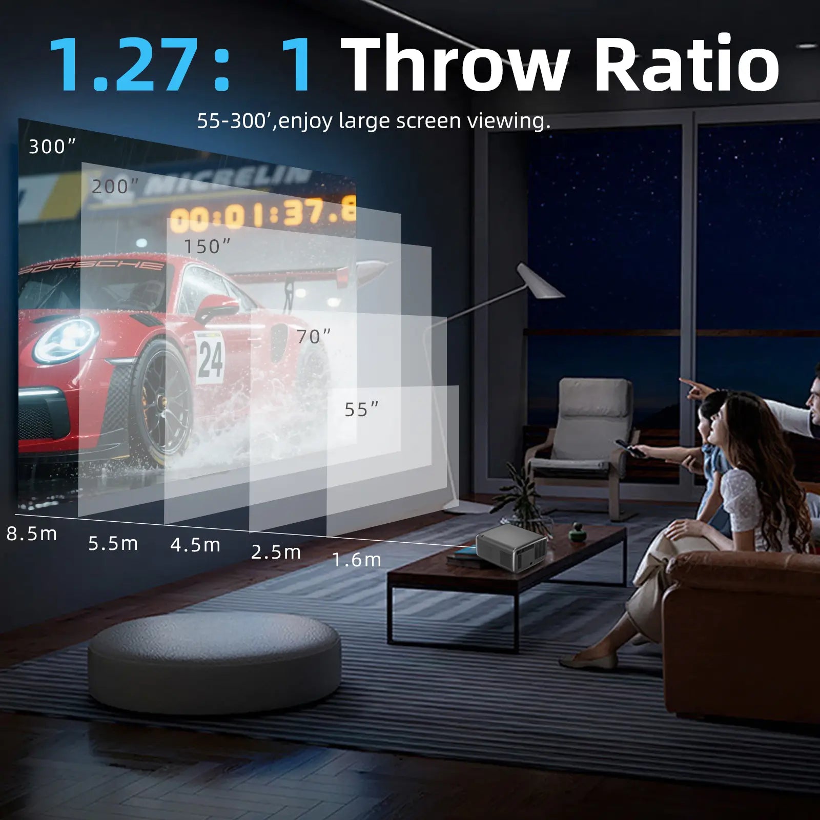 Geitepor LJ5 projector with 1.27:1 throw ratio, supports 55 to 300 inch large screen projection for home theater and outdoor use