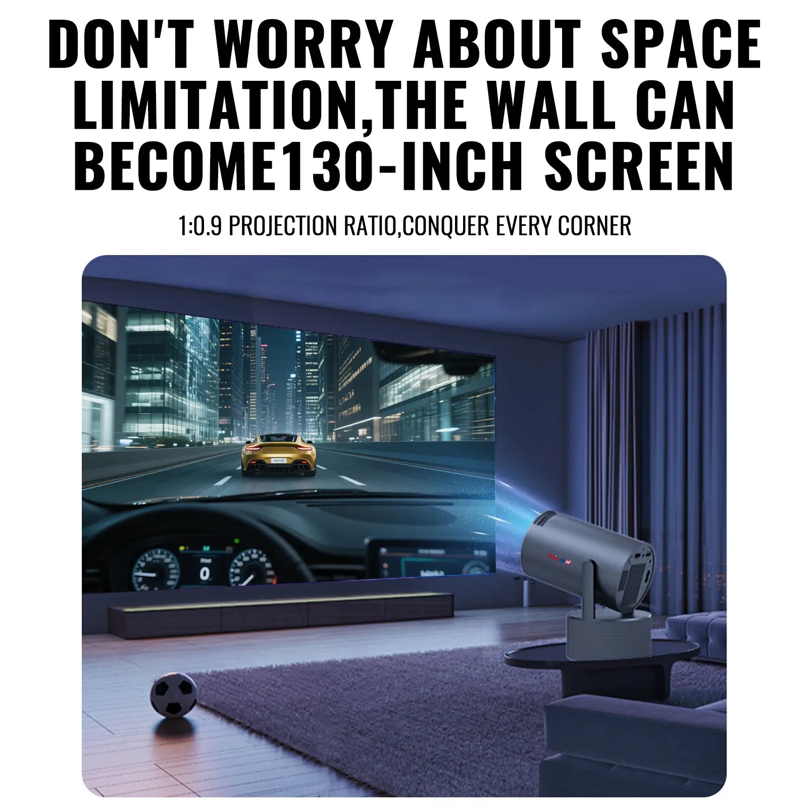 Geitepor Y2-KTV projector displaying 130-inch large screen with 1:0.9 projection ratio, perfect for home cinema