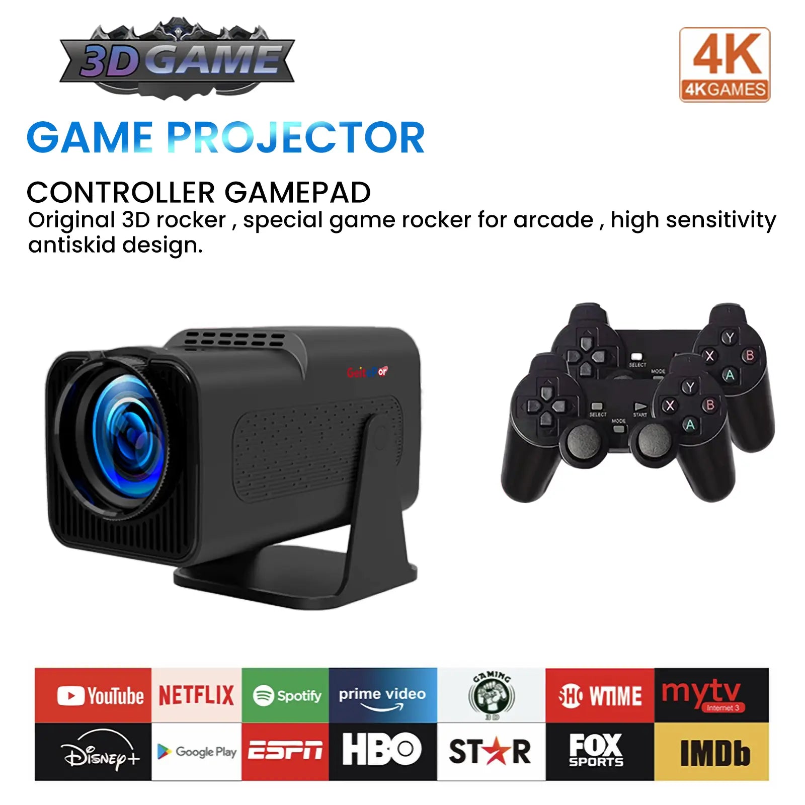 Geitepor YB1 4K game projector with dual controllers, supports Netflix, YouTube, Disney+, HBO, Prime Video, Spotify, and more streaming apps.