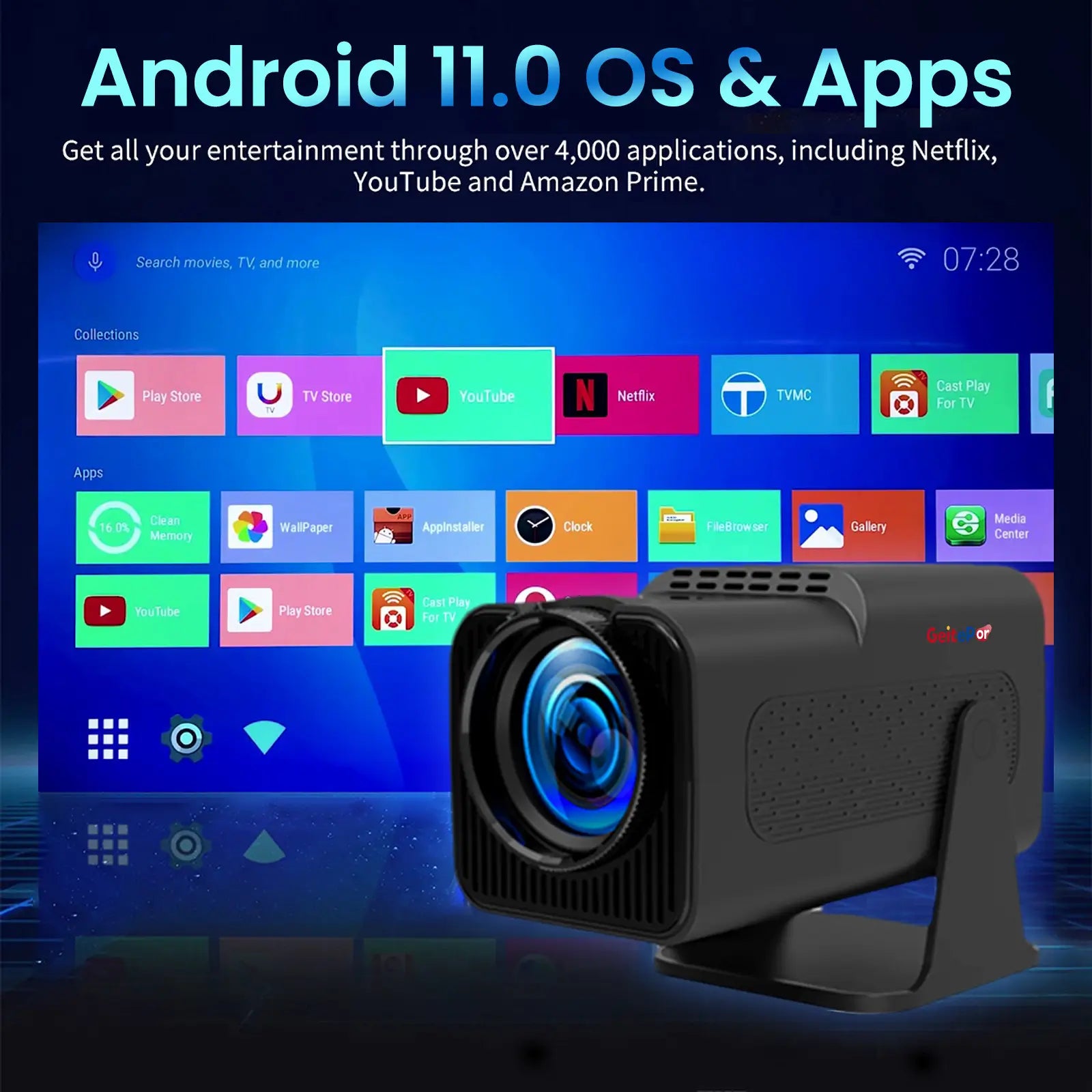 Geitepor YB1 smart projector with Android 11 OS, supporting over 4000 apps including Netflix, YouTube, Amazon Prime, and more.