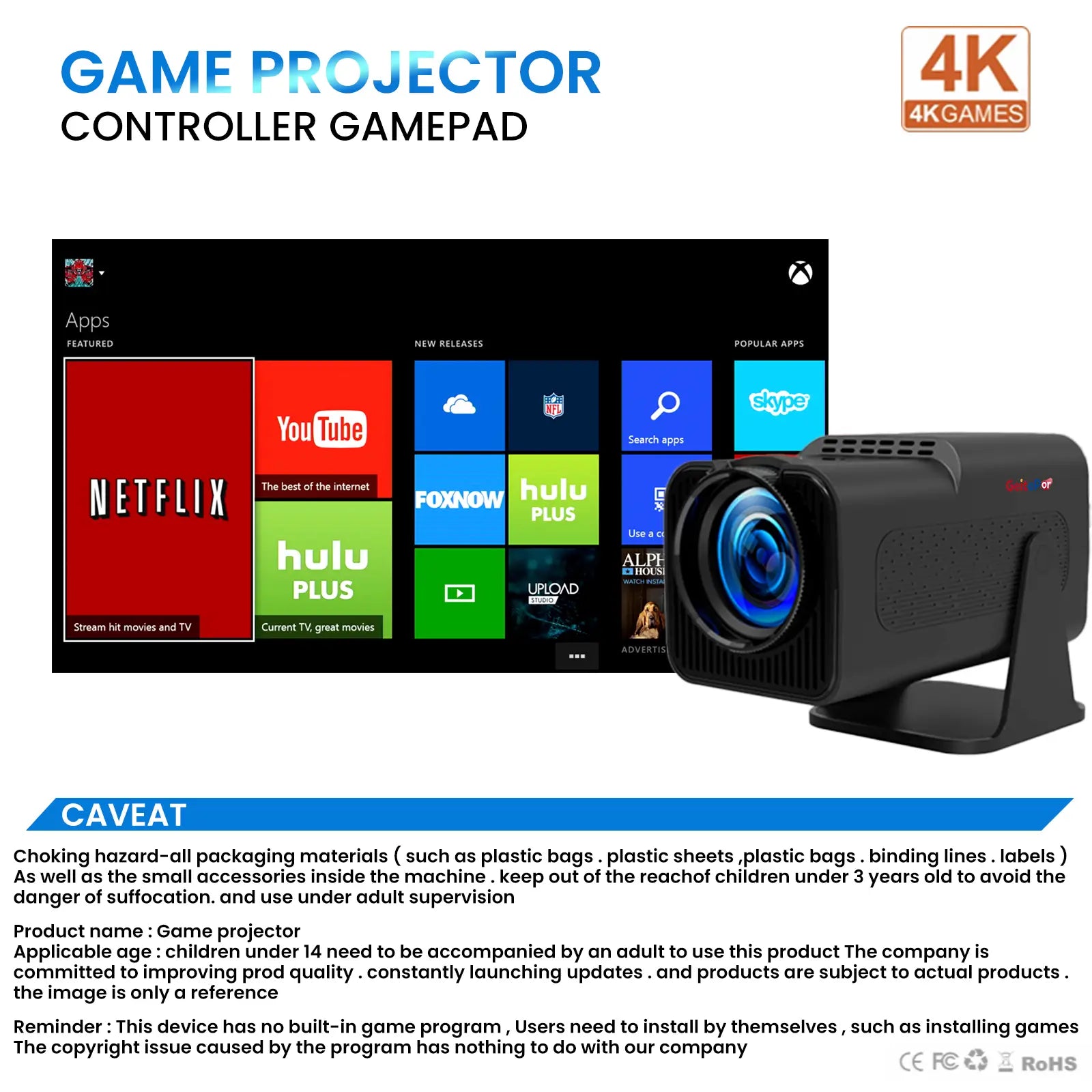 Geitepor YB1 game projector with controller gamepad, supports 4K video apps like Netflix, YouTube, Hulu, and more. Includes product safety warning and usage notes.