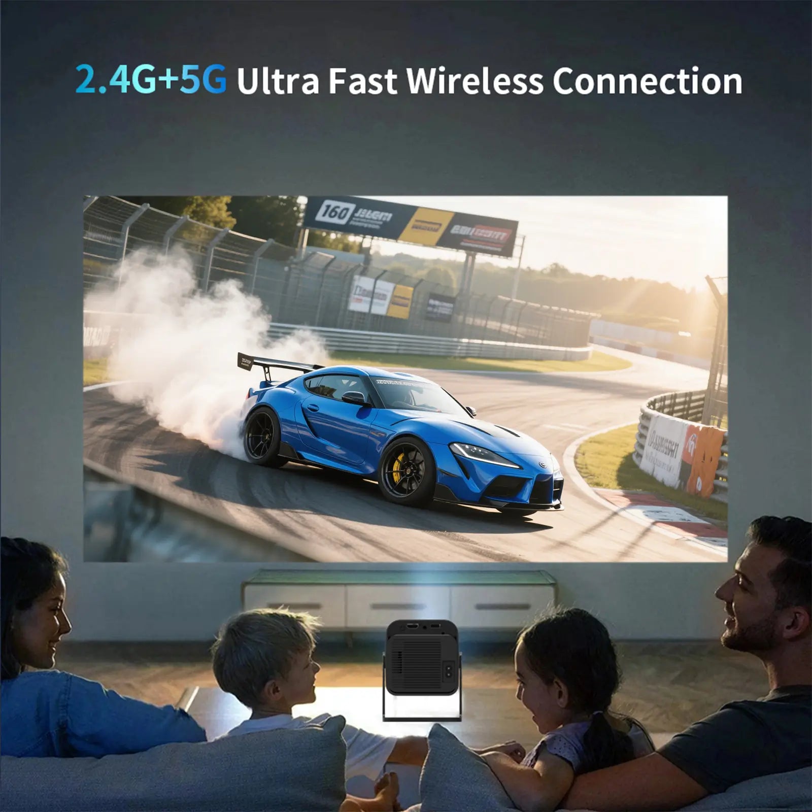 Geitepor YB1 smart gaming projector with 2.4G and 5G ultra-fast wireless connection, family watching movies at home theater.