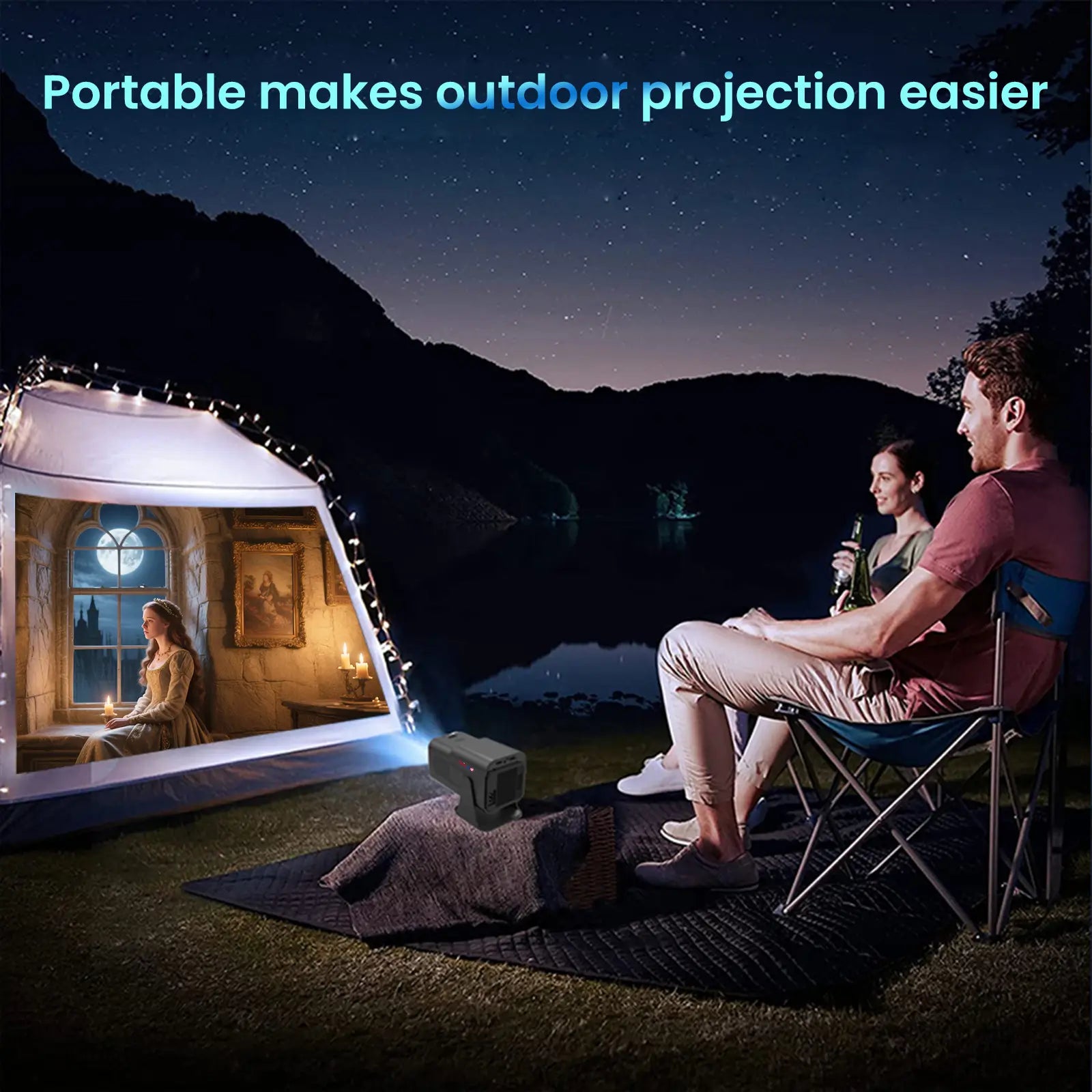 Geitepor YB1 portable smart projector for outdoor camping, enjoy movies on a big screen under the stars.