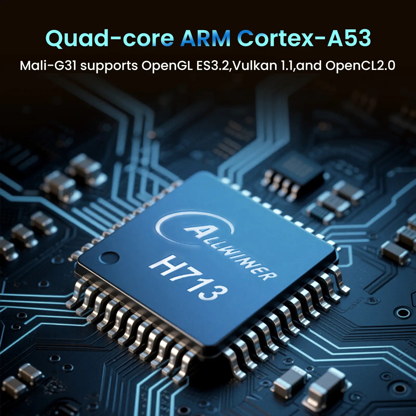 Geitepor YB1 projector powered by Quad-core ARM Cortex-A53 Allwinner H713 chip with Mali-G31 GPU, supporting OpenGL ES3.2, Vulkan 1.1, and OpenCL 2.0 for smooth gaming and video performance.