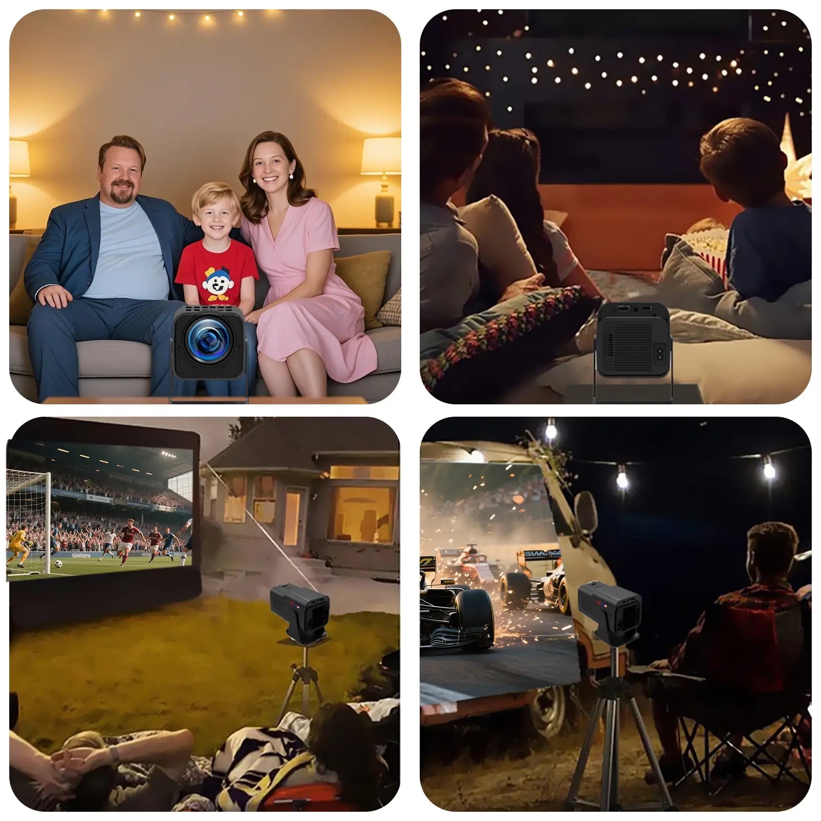 Geitepor YB1 smart gaming projector for home theater, outdoor movies, sports streaming, and family entertainment.
