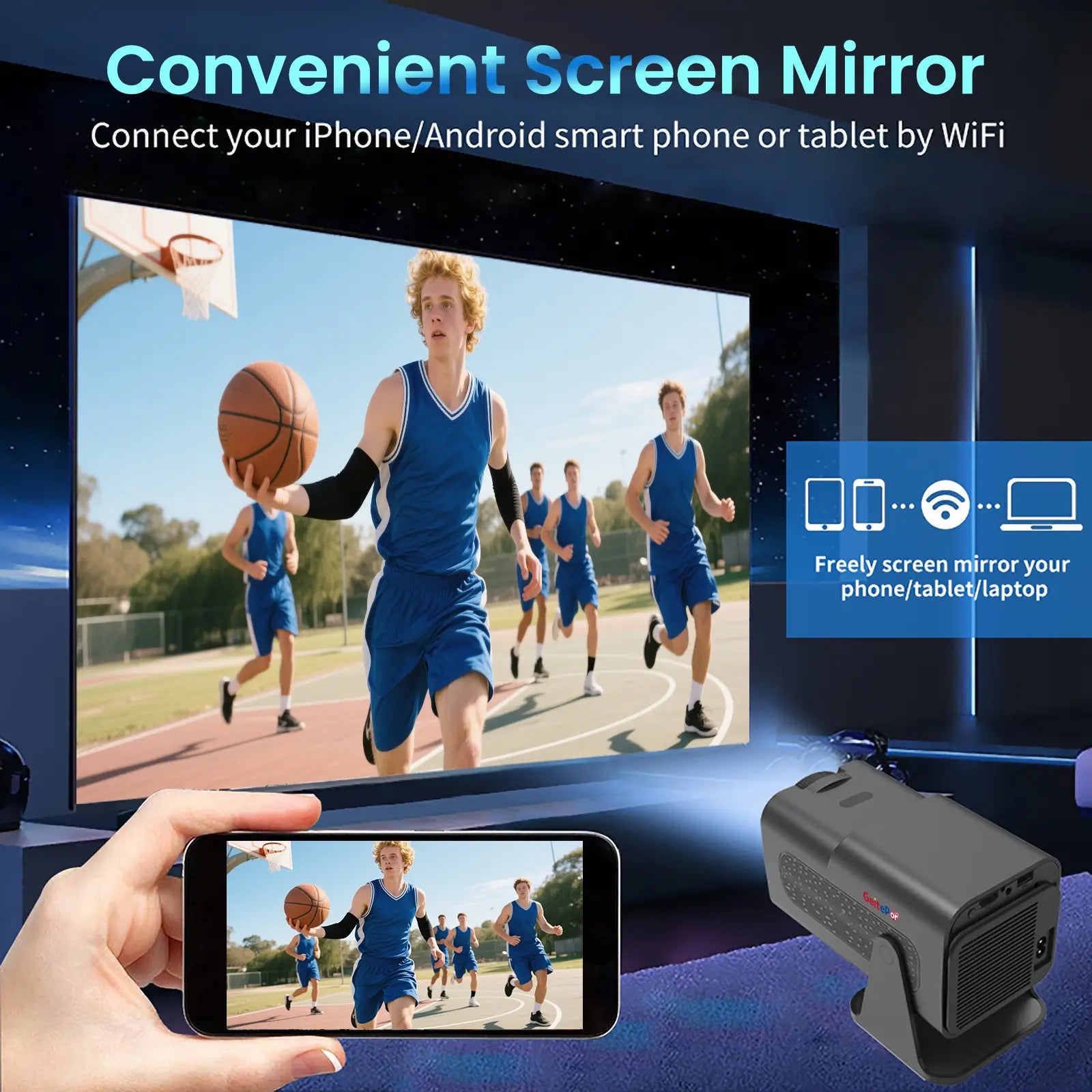 Geitepor YB1 smart projector with convenient screen mirroring, supporting iPhone, Android smartphones, tablets, and laptops via WiFi.