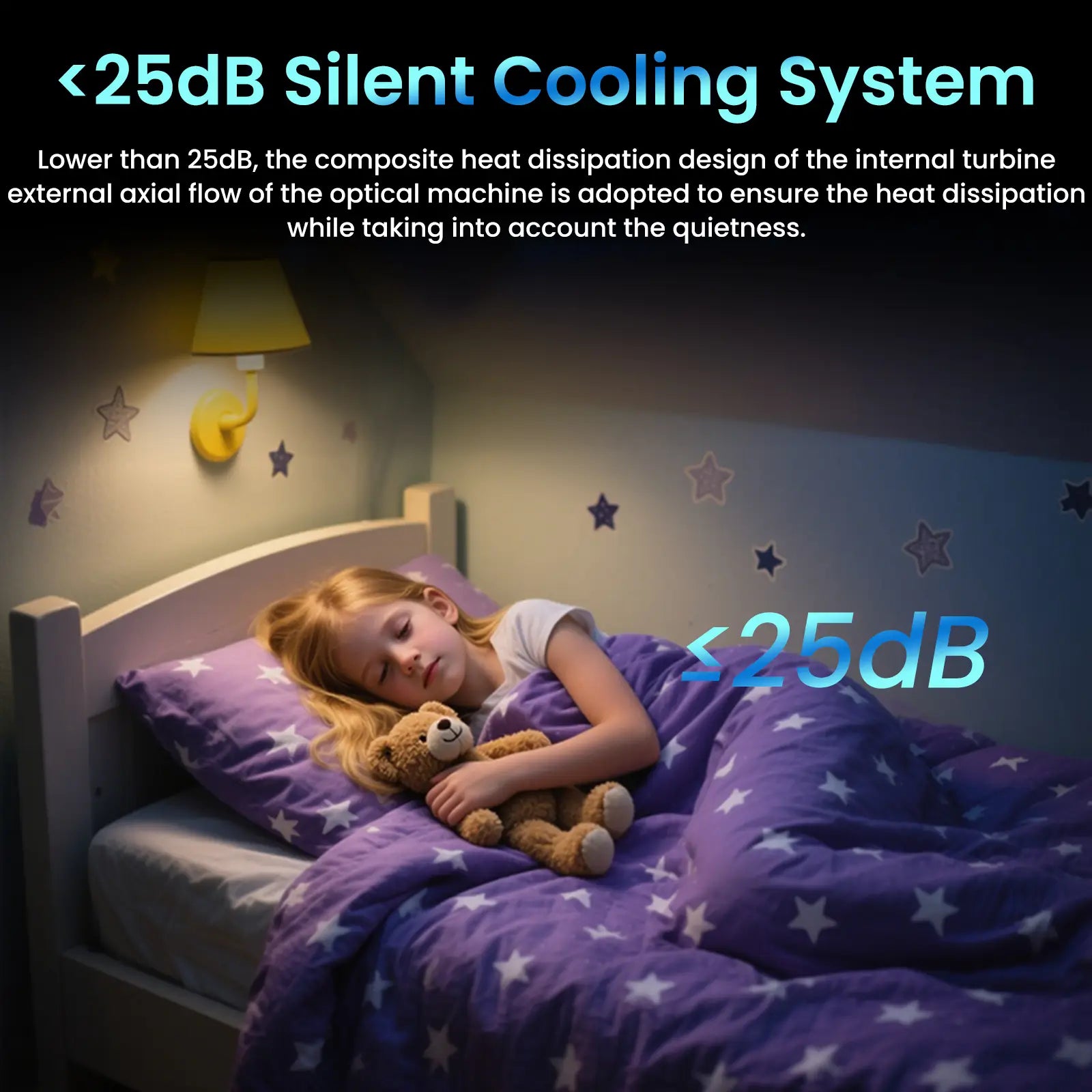 Geitepor YB1 smart projector with <25dB silent cooling system, quiet operation ideal for bedroom and home theater use.