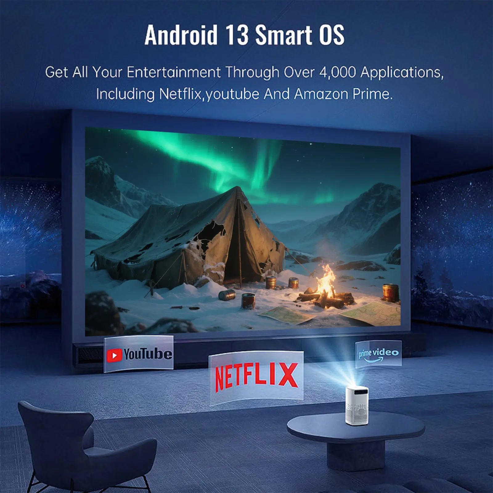 The H1P projector displaying a movie scene from its Android 13 smart operating system, showcasing access to popular streaming apps like Netflix, YouTube, and Amazon Prime.