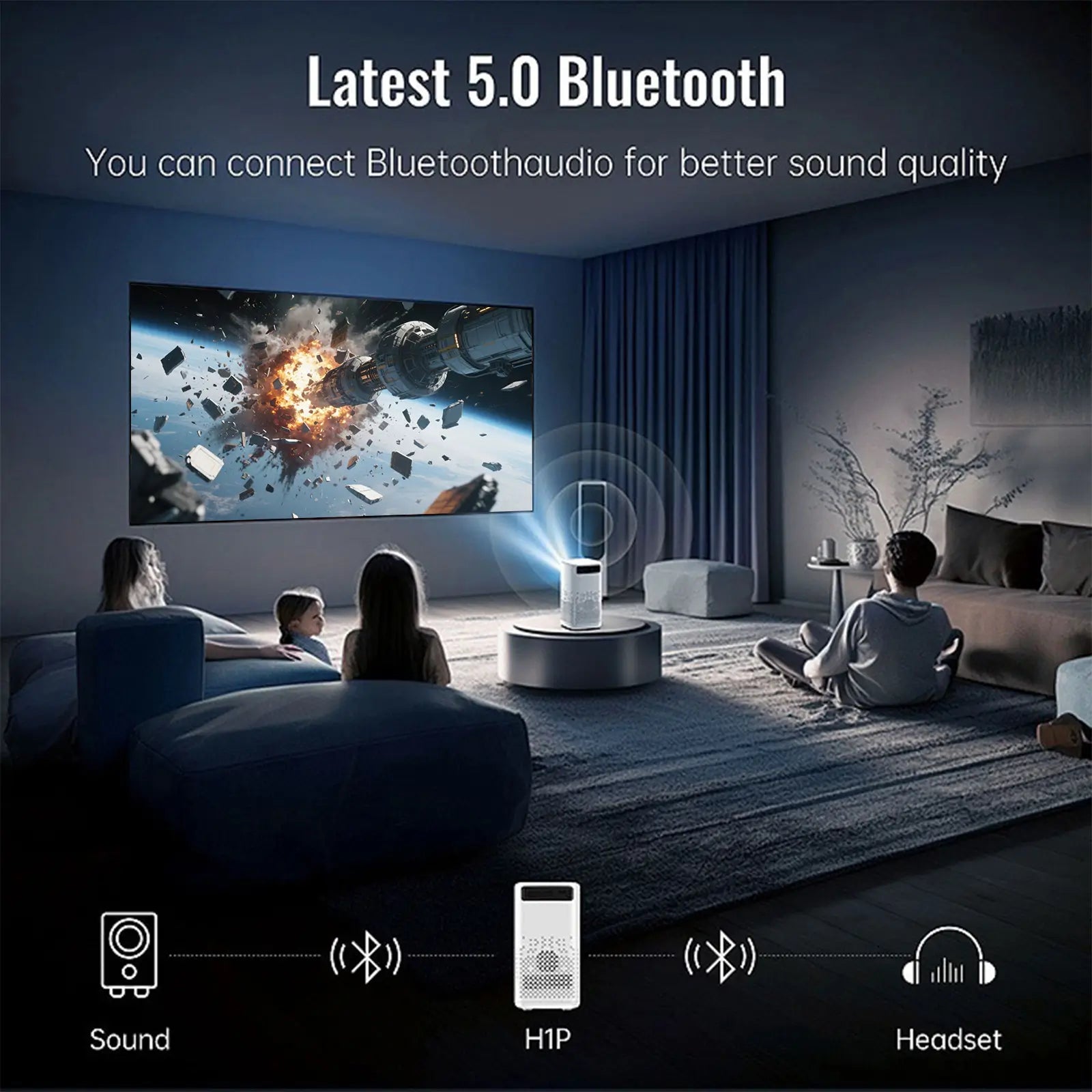 A family watching a movie with the H1P projector, highlighting its latest Bluetooth 5.0 for connecting to external speakers or headphones for enhanced audio.