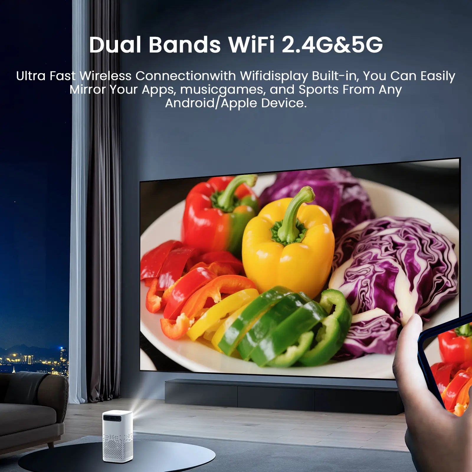 The H1P projector in a home setting, demonstrating its ultra-fast dual-band Wi-Fi connection. A phone is shown screen mirroring a video onto a large wall, highlighting its wireless capabilities for Android and Apple devices.