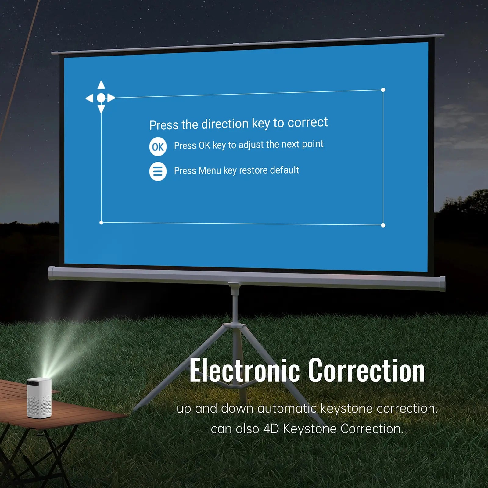 The H1P projector set up outdoors, demonstrating its electronic and 4D keystone correction feature for easy and precise image alignment.