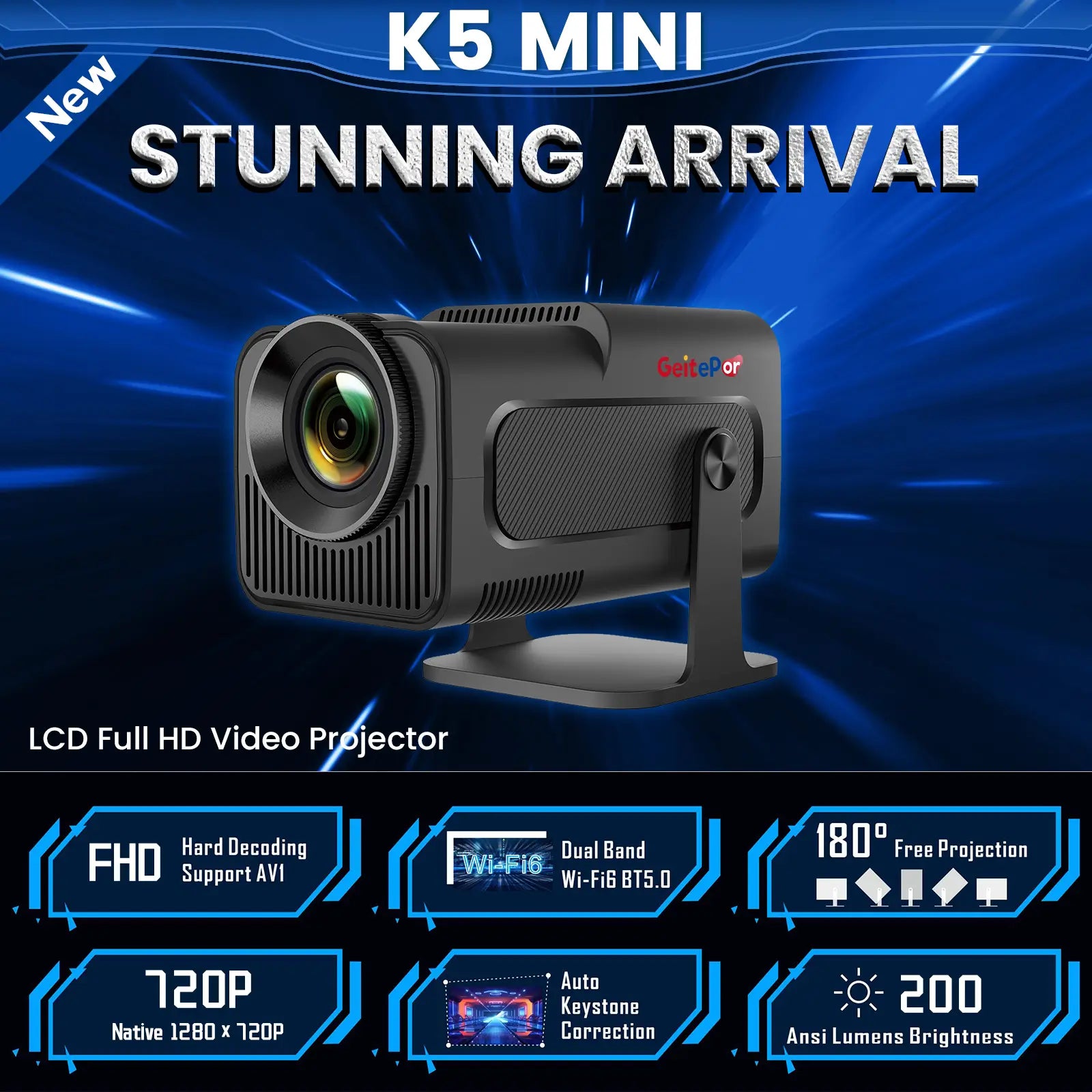 Mini Projector, 1080P Full HD, 300 ANSI Portable Projector with WiFi & Bluetooth for Movies, Game, and Outdoor Use | Geitepor K5