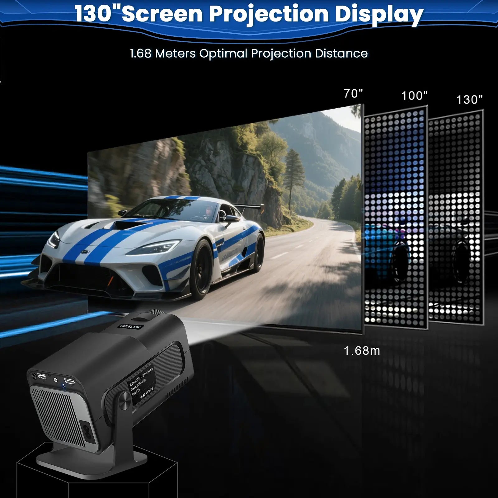 K5 Mini Projector displaying up to 130 inch screen with 1.68 meter optimal projection distance, ideal for movies and gaming