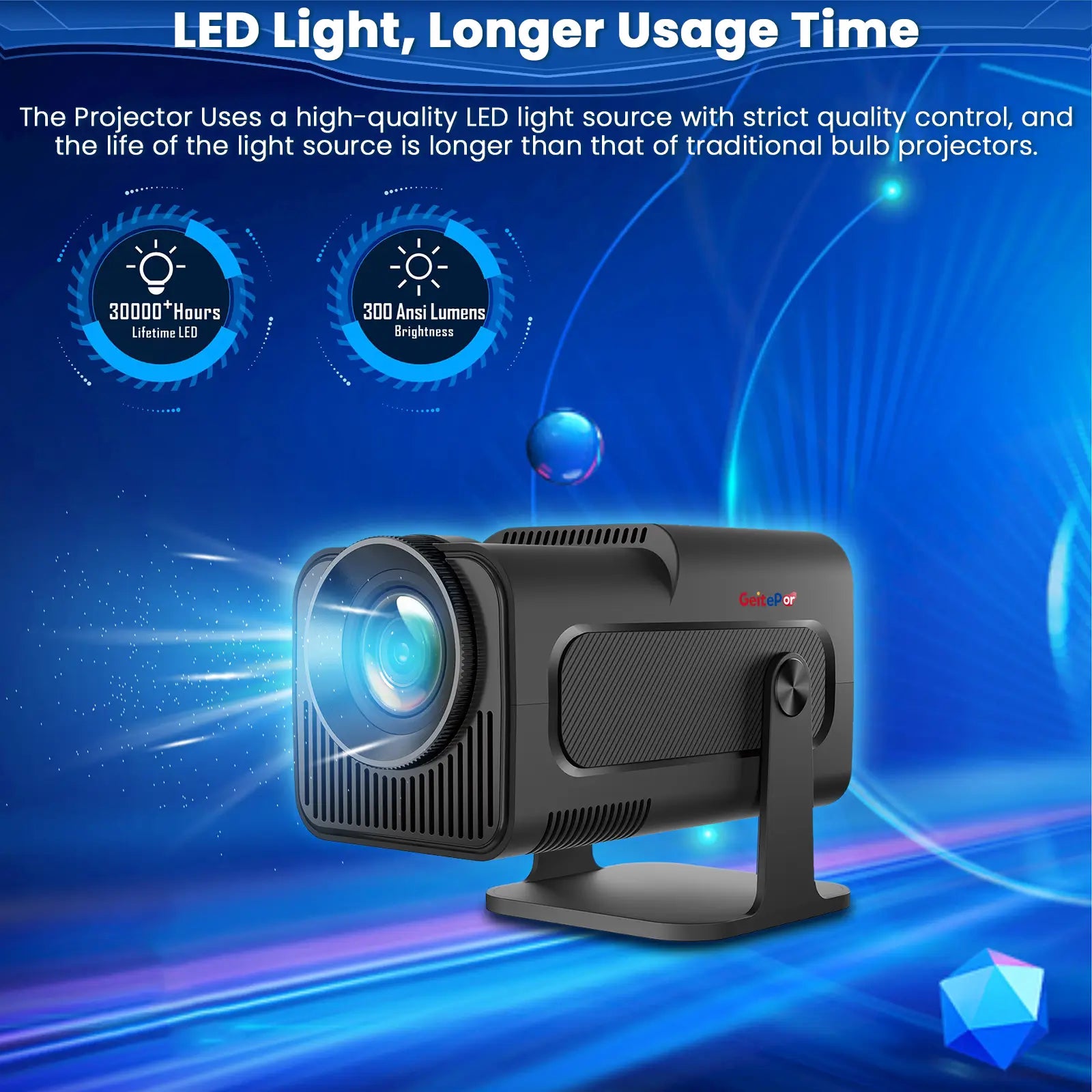 K5 Mini Projector with LED light source, 30000 hours lamp life and 300 ANSI lumens brightness for longer usage time compared to traditional bulb projectors