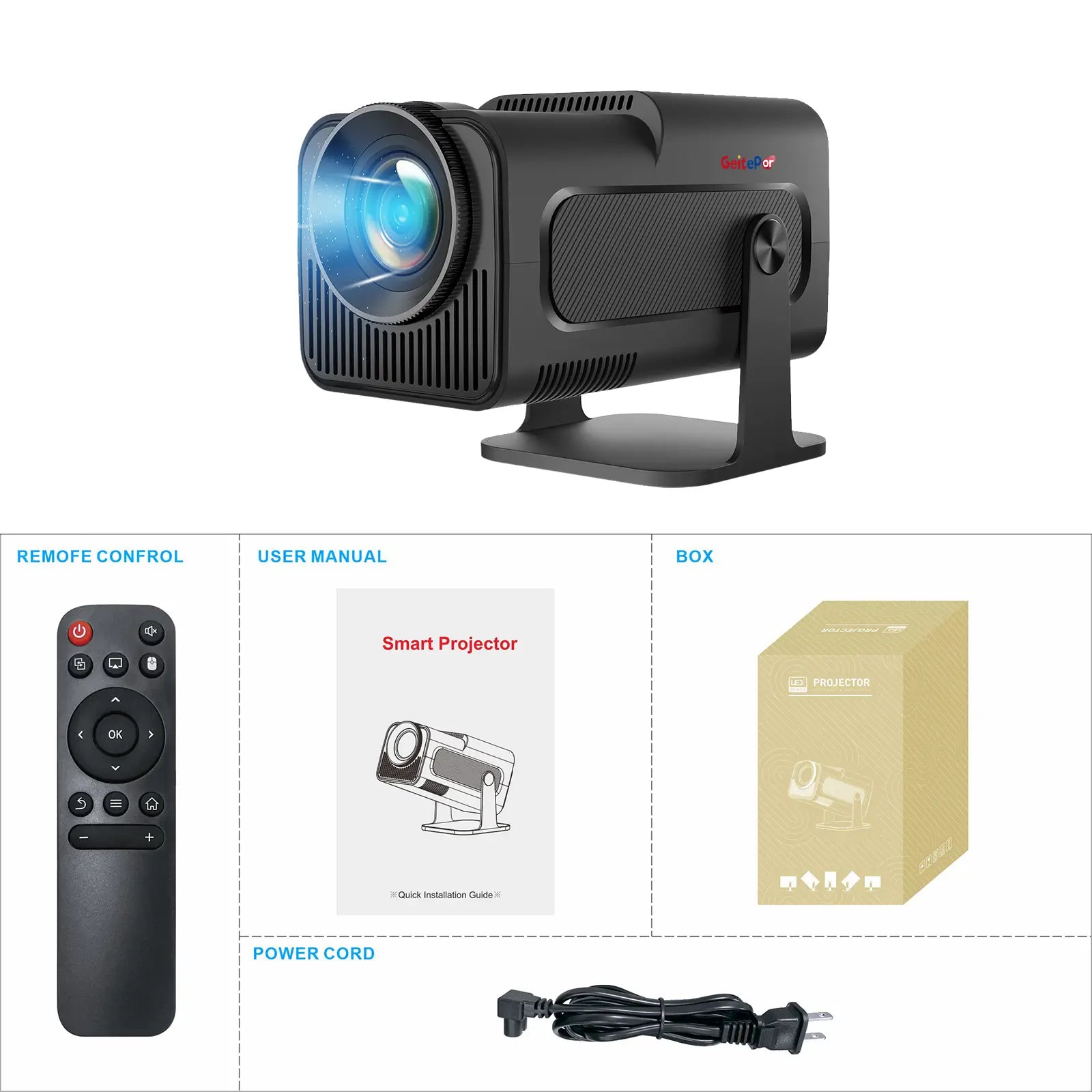 K5 Mini Projector package contents including projector, remote control, user manual, power cord, and retail box