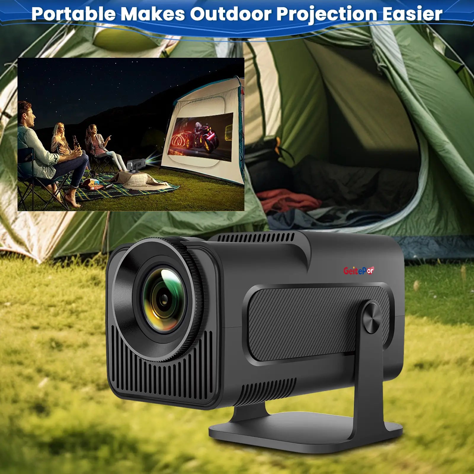 K5 Mini Projector portable design for outdoor use, ideal for camping movie nights with family and friends