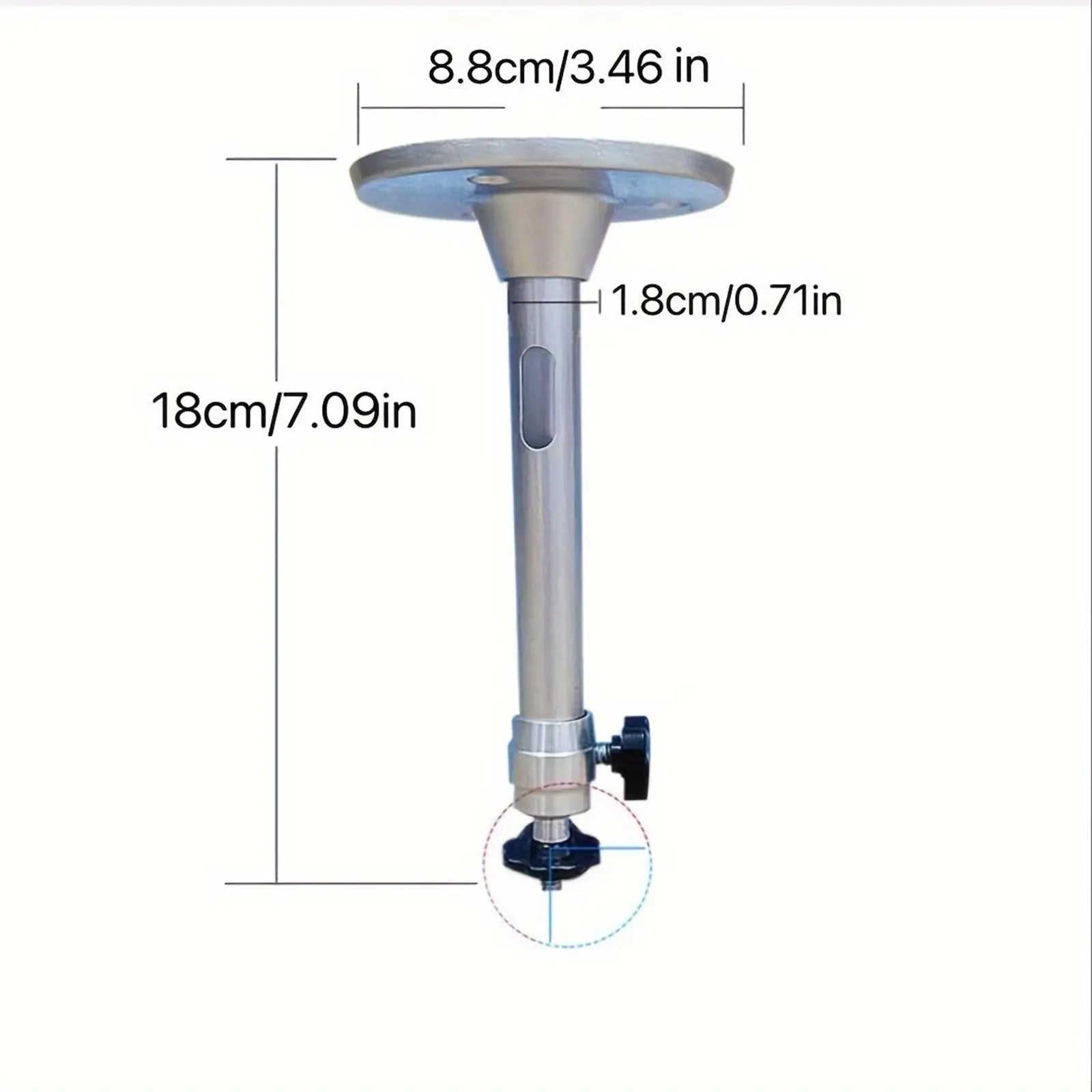 An image detailing the exact dimensions of the projector mount, showing a total height of 18cm (7.09 inches) and a base diameter of 8.8cm (3.46 inches).