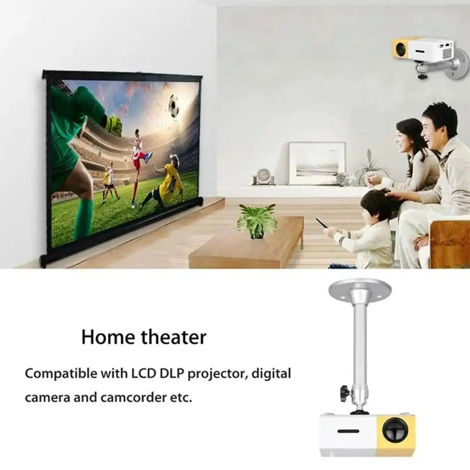 A lifestyle image showing a family watching a movie in their home theater, with the projector attached to the ceiling using the silver universal mount.