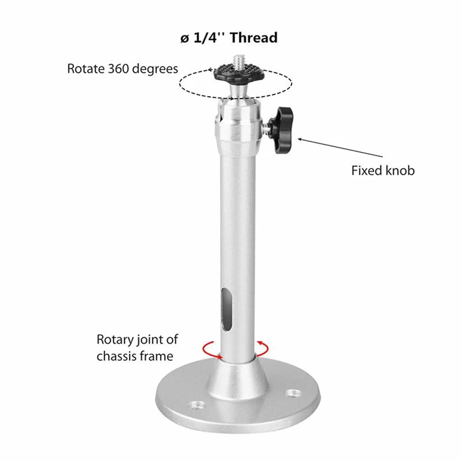 A detailed technical diagram of the projector mount with its parts labeled, including the 1/4" thread, the 360-degree rotation head, and the fixed knob.