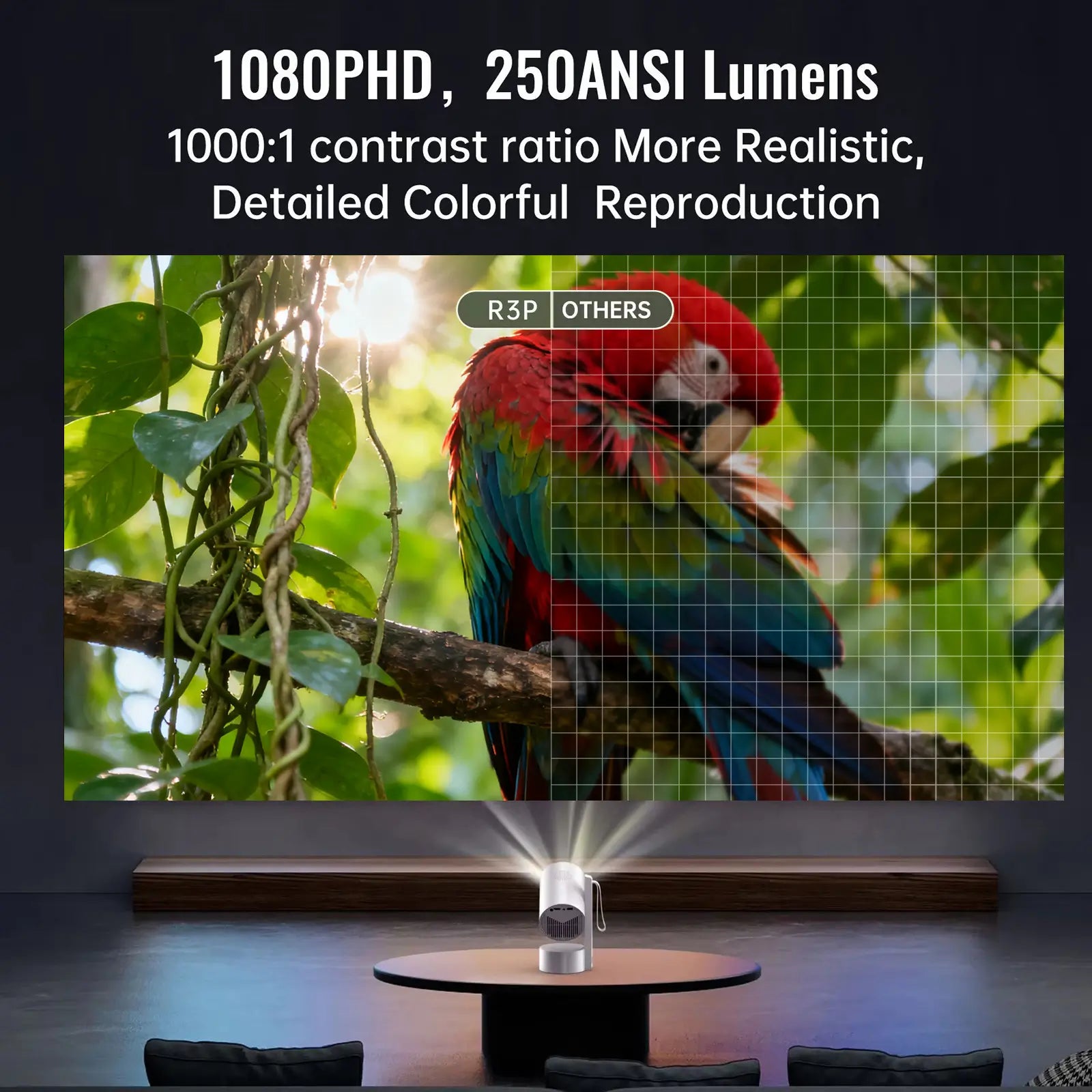 A side-by-side comparison showing the R3P projector's realistic and detailed color reproduction in 1080p HD, thanks to its 250 ANSI lumens.
