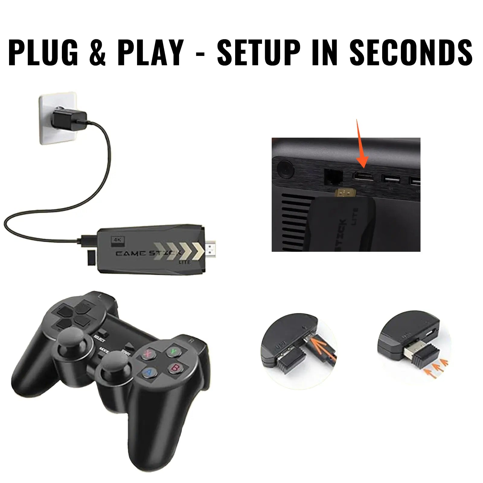 A guide showing the simple plug-and-play setup for the retro game stick, connecting easily to a projector's HDMI port for instant gaming.