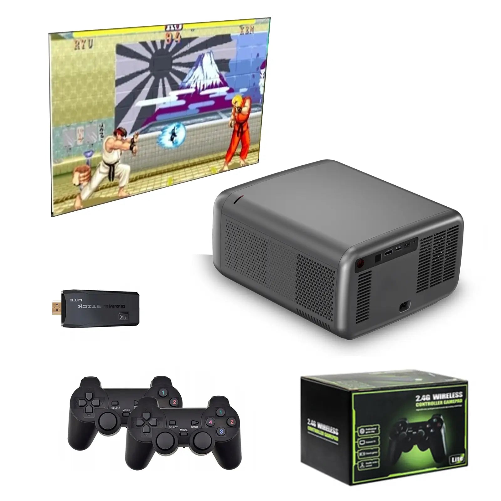 The Game Stick Lite and wireless controllers ready for action, with a large image of a retro fighting game projected onto a screen in the background.