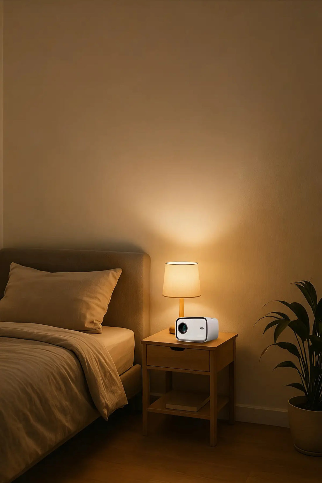 A small projector sits on a wooden nightstand beside a warm lamp in a cozy, dimly lit bedroom, ready for a movie night.