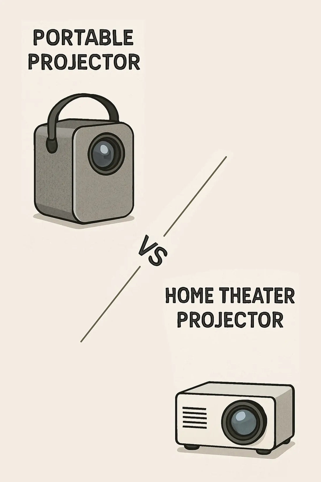 An illustration comparing a compact portable projector with a larger home theater projector