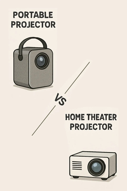 An illustration comparing a compact portable projector with a larger home theater projector